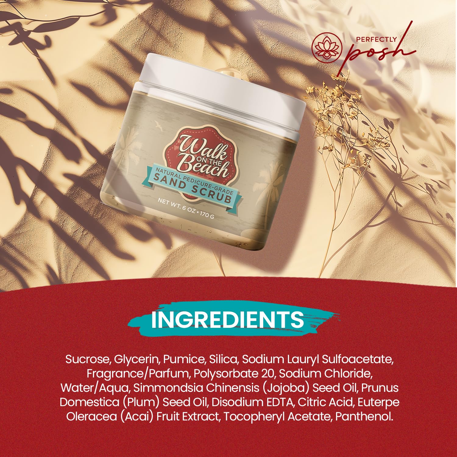 Perfectly Posh - Walk on the Beach Foot Scrub - Exfoliating Foot Scrub with Pumice, Silica, and Plum Seed Oil for Smoother-Feeling Feet - 170grams