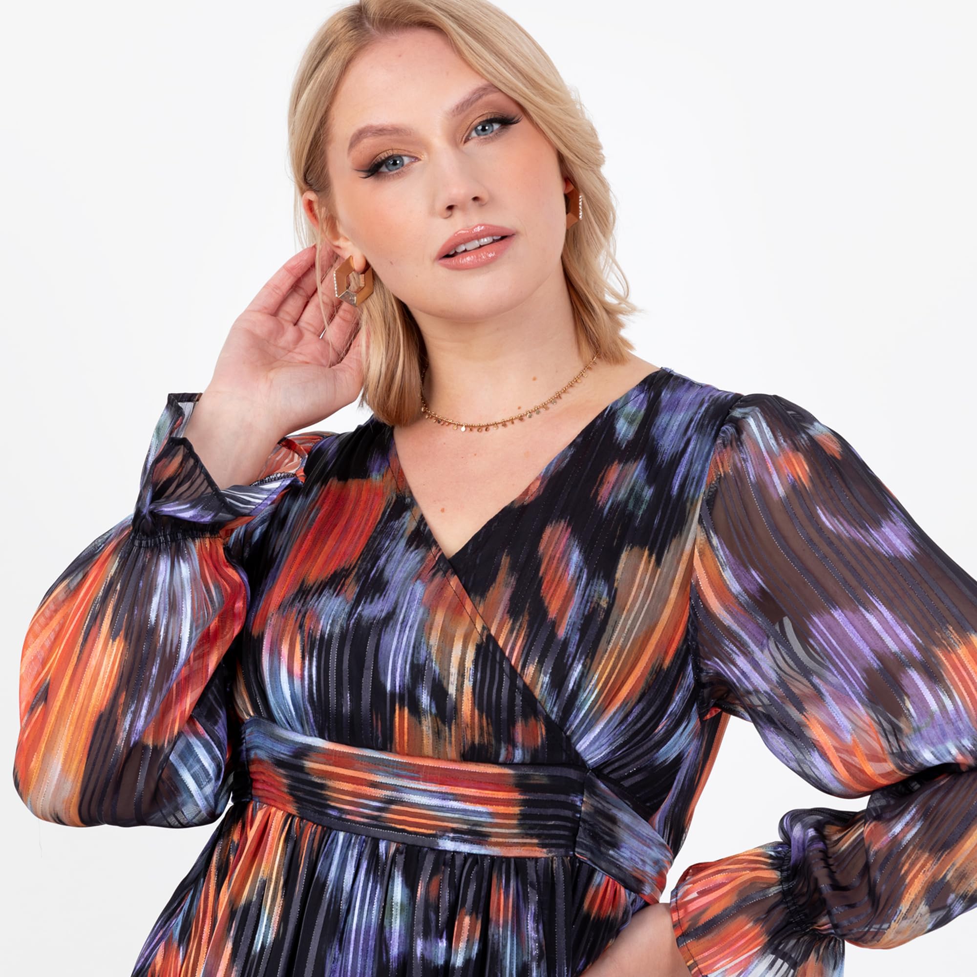 Lovedrobe Women's Midaxi Dress Ladies Ankle-Length Long Sleeve V-Neck Faux-Wrap Front Tie Belt Abstract Print A-Line Evening Party