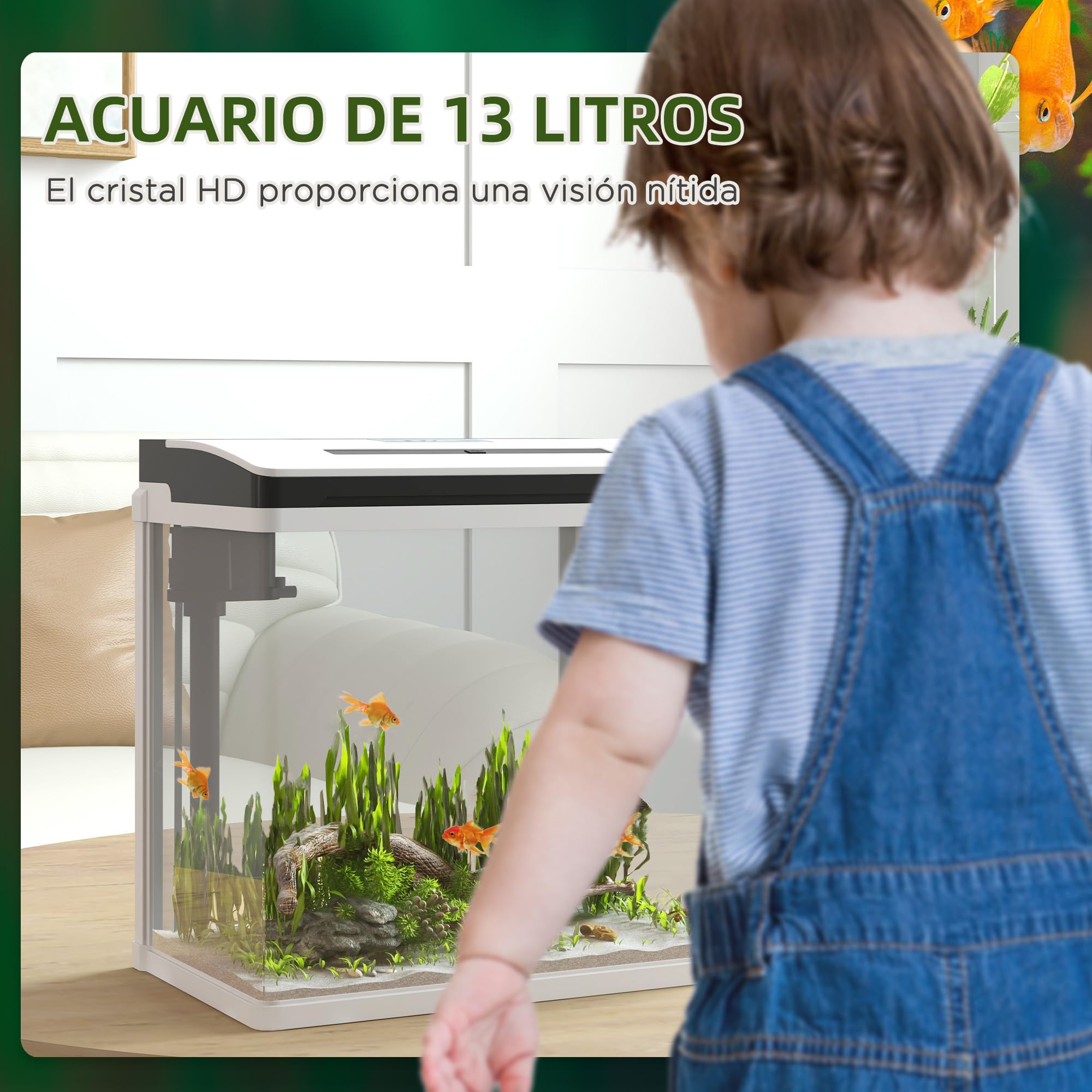 PawHut Acuario de Cristal de 13L Pecera Pequeña con Sistema de Filtro Iluminación LED Bomba de Agua 29x20x30,5 cm Blanco