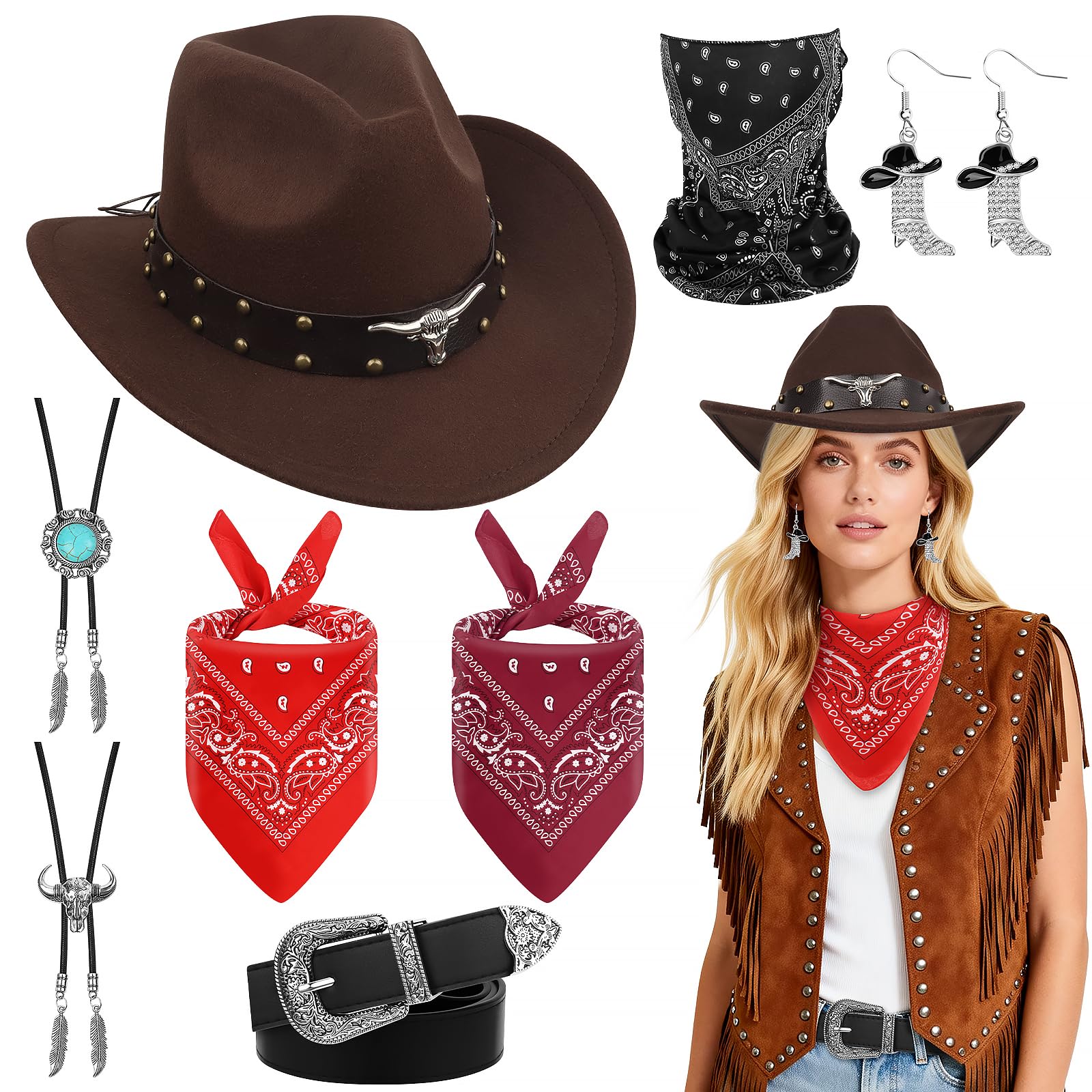 8 Piezas Complementos Disfraz Vaquero Adulto,Clásico Complementos Disfraz Vaquera Mujer con Sombrero Cowboy Marrón Oscuro Cinturones Mujer Bufanda Halloween y Todo Tipo de Eventos de Carnaval