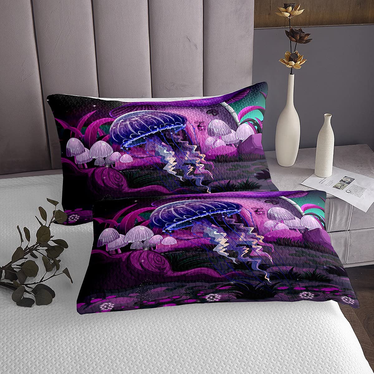 Narzuta z meduzy 170 x 210 cm, fioletowa, z grzybem, pikowana, morska kapa, zestaw 2 szt., dla dzieci, chłopców i dziewczynek, dekoracja pokoju, rośliny botaniczne, ponadwymiarowa pościel z 1 poszewką