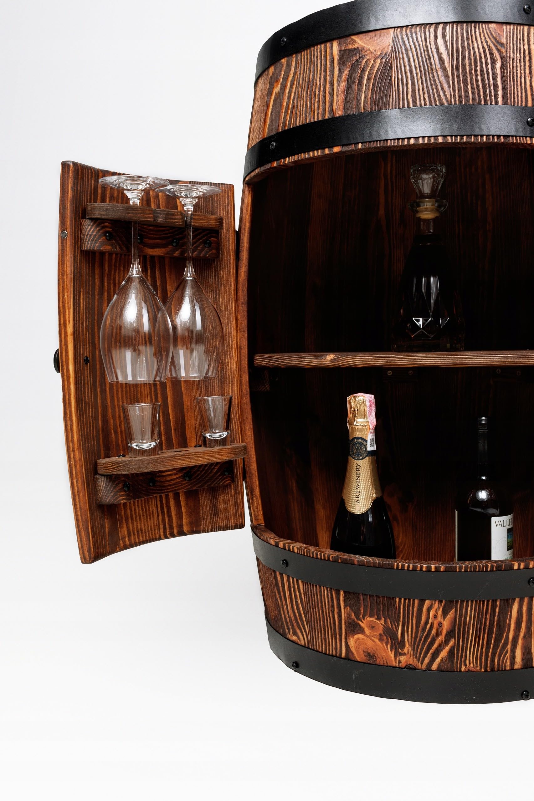 XL Hausbar Weinfass mit Doppeltür, Sensor-LED & Glashaltern – Rustikaler Barschrank aus massiver Kiefer (80x55cm) – Handarbeit, Platz für 50 Flaschen