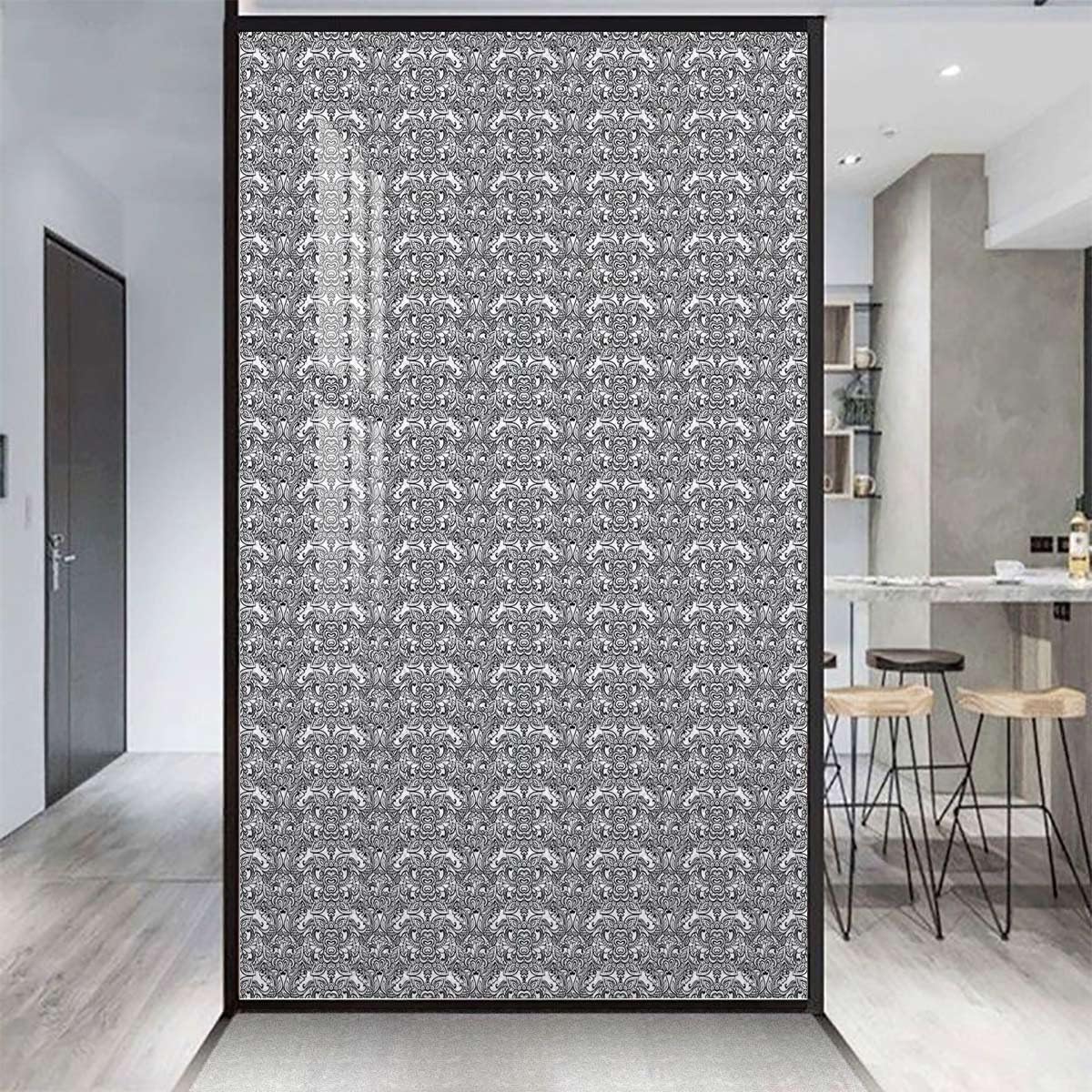 Black White Privacy Door Film Static Cling Glass Film Flower and Leaf Patterns Window Film Privacy Color Window Sticker Abstract 35.4Wx78.7L-inch