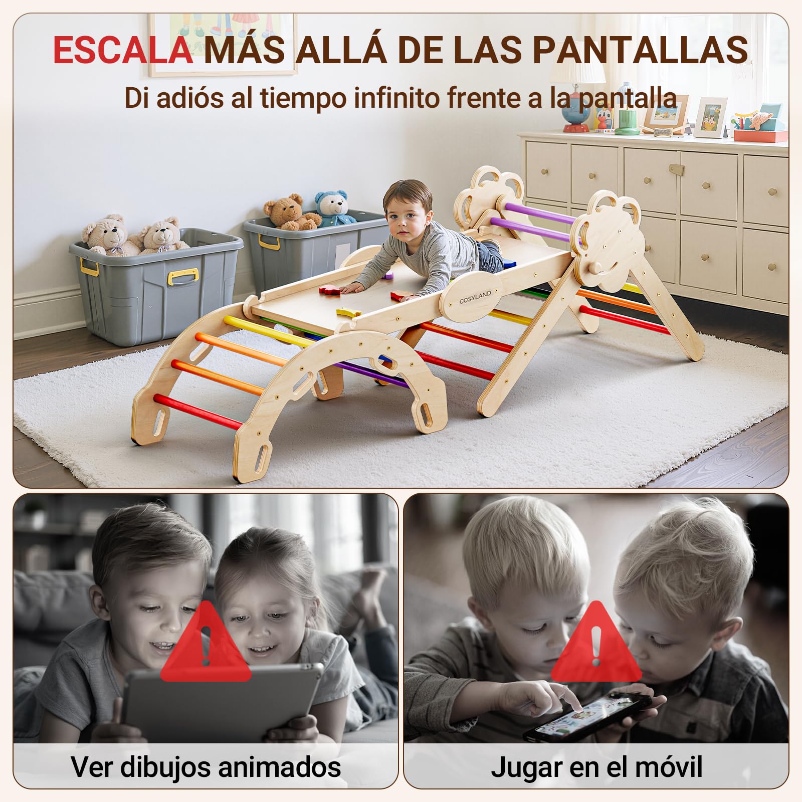 COSYLAND 8 en 1 Triángulo de Escalada Montessori con Arco y Rampa, Set Plegable Infantil, Juguete de Madera Resistente para Interior, Niños 18 Meses-6 años, Natural/Multicolor, Grande