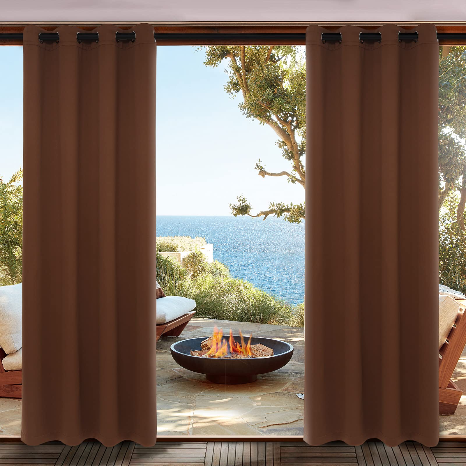 Reepow Waterproof Outdoor Curtain for Patio, Cabana, Porch, Pergola, Rustproof Grommet Top Light Blocking Curtain, Single Panel, Brown, W52 x L95