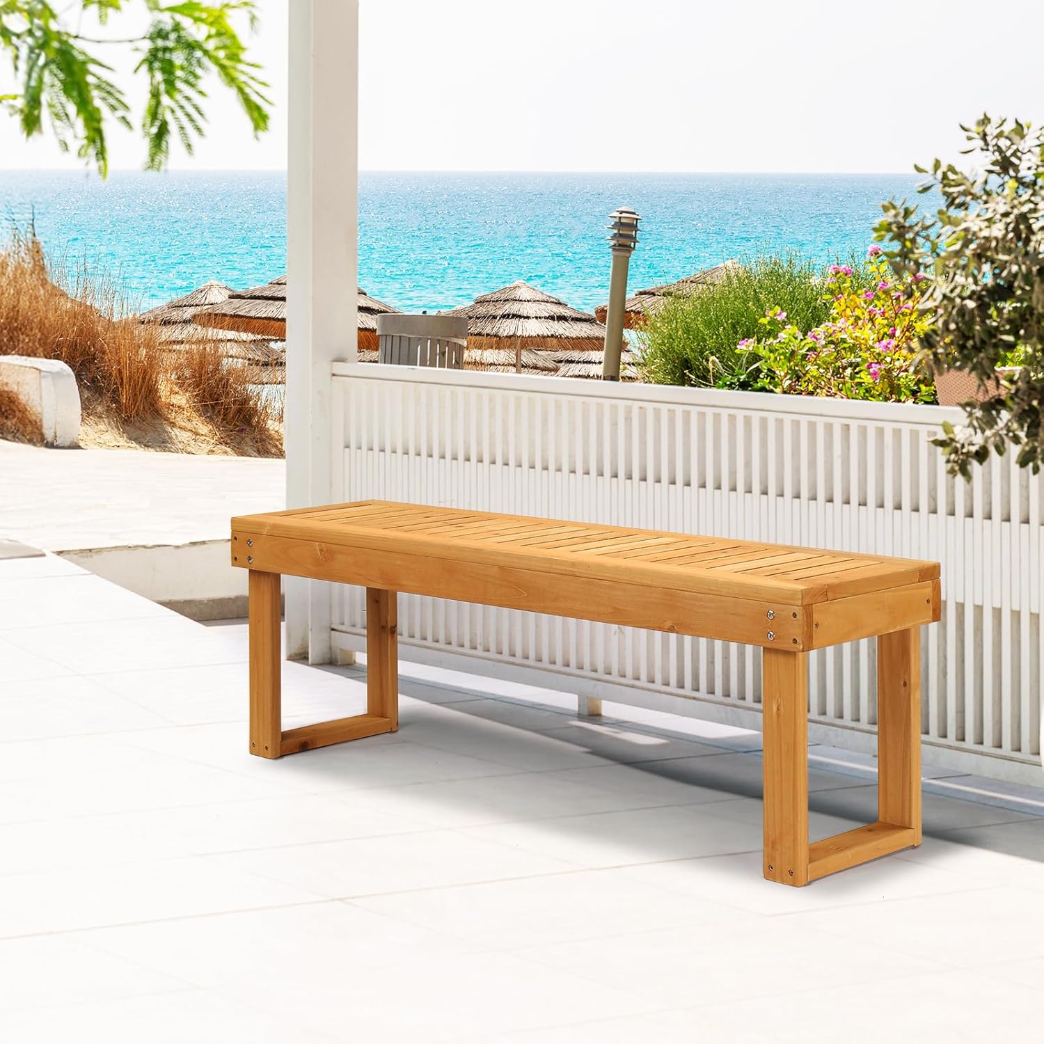 VINGLI 52'' Outdoor Bench, Weatherproof Patio Dining Bench Wooden Rustic Bench Backless Garden Bench with Slatted Seat for Park, Yard, Entryway, Porch (Natural)