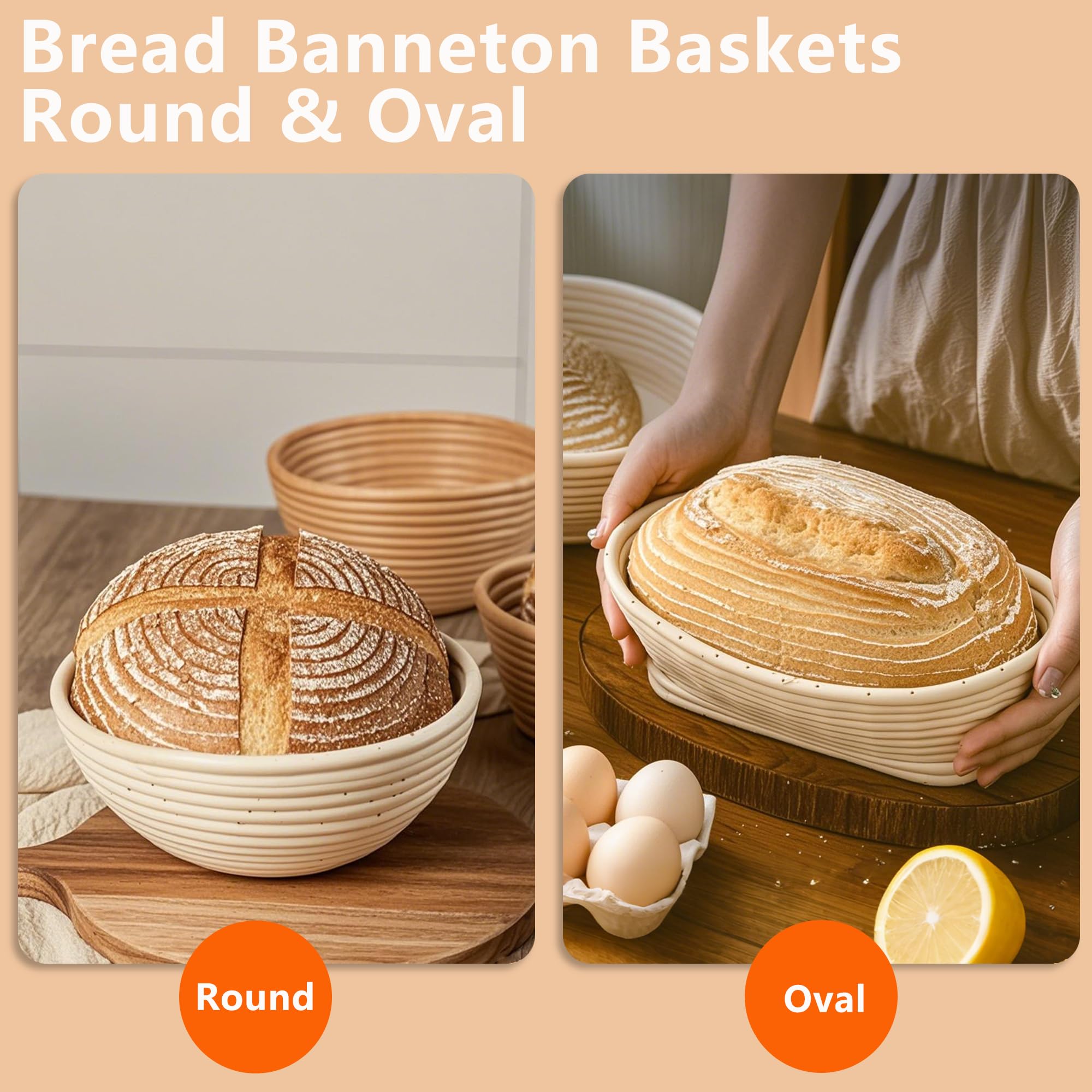 Banneton Brotgärkorb-Set, 22,9 cm rund und 25,4 cm oval, Sauerteig-Brotbackzubehör mit Leineneinlagen, komplettes Brotgärkörbchen-Set