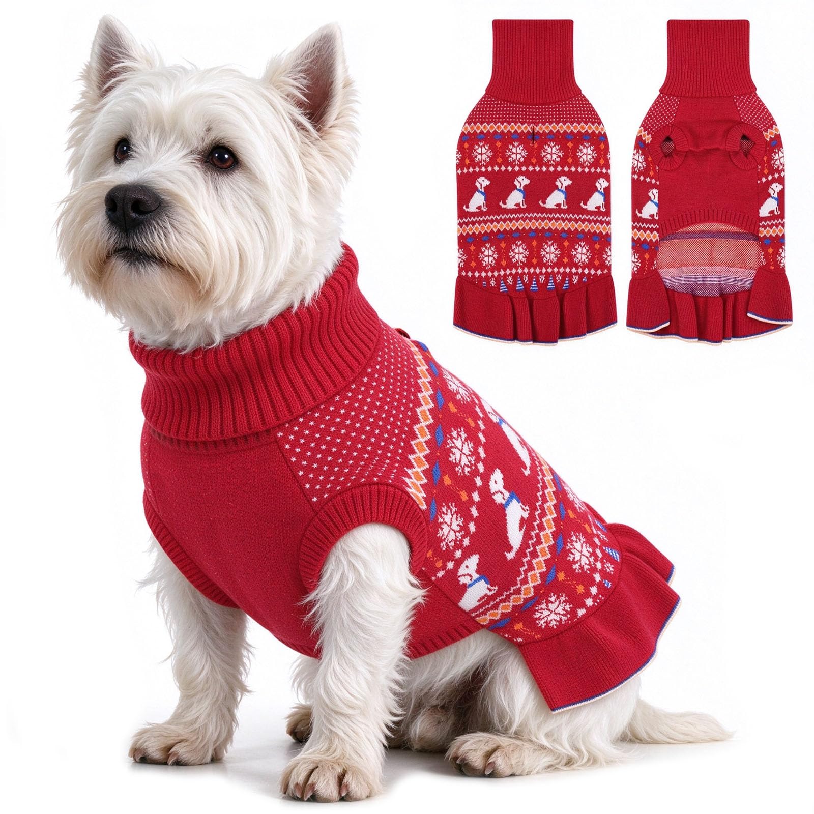 KONVINIT Dog Christmas Dress Female High Neck Sleeveless Fishtail Pleated Skirt Knitted Jumper Dachshund Pattern for Small Medium Dogs Xmas Gift
