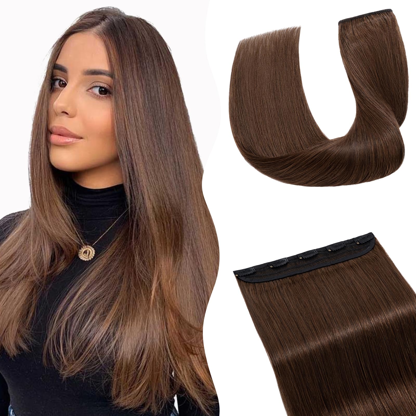 TESS Clip In Hair Extensions Real Human Hair One Peice 5 Clips Straight Natural Hairpieces for Womens/Girls (#4 Medium Brown,18 Inch-50g)