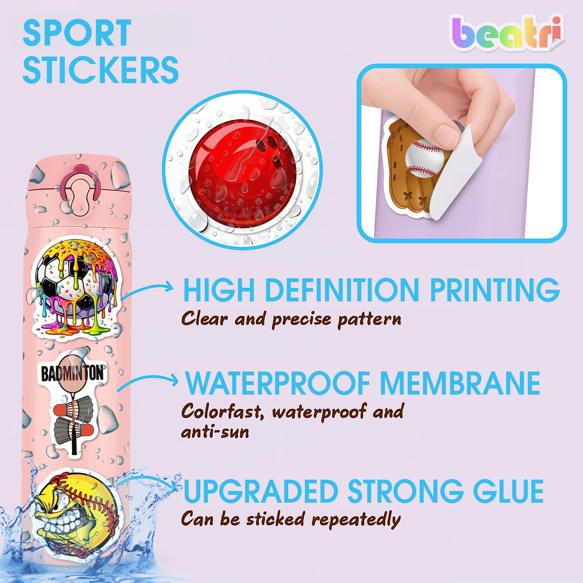BEATRI Lot de 50 autocollants de sport en vinyle imperméable pour bouteilles d'eau, ordinateur portable, skateboard, casque, basket-ball, baseball, football, volley-ball, softball, football, pour