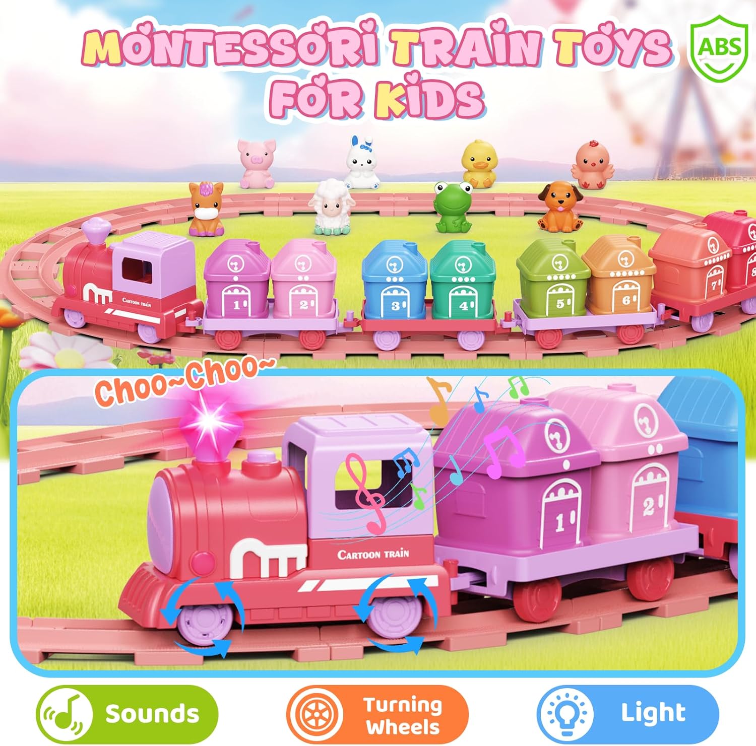 Train Set for Girls 2-4, Electric Toy Train with Farm Animals & Music & Lights, Montessori Counting & Sorting Learning Toys for Toddler Girls 1 2 3 Year Old, Christmas Easter Birthday Gift