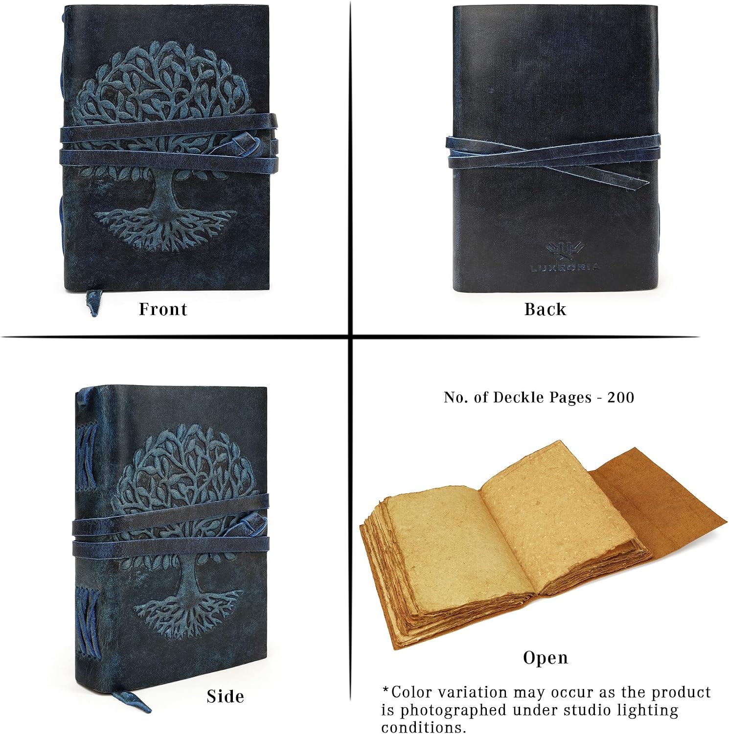 Tree Of Life Leather Journal for Women and Men, Handcrafted Leather Journal for Writing Womens, Sketchbook, Travel Diary with Unlined Deckle Paper, Dark Blue 5x7