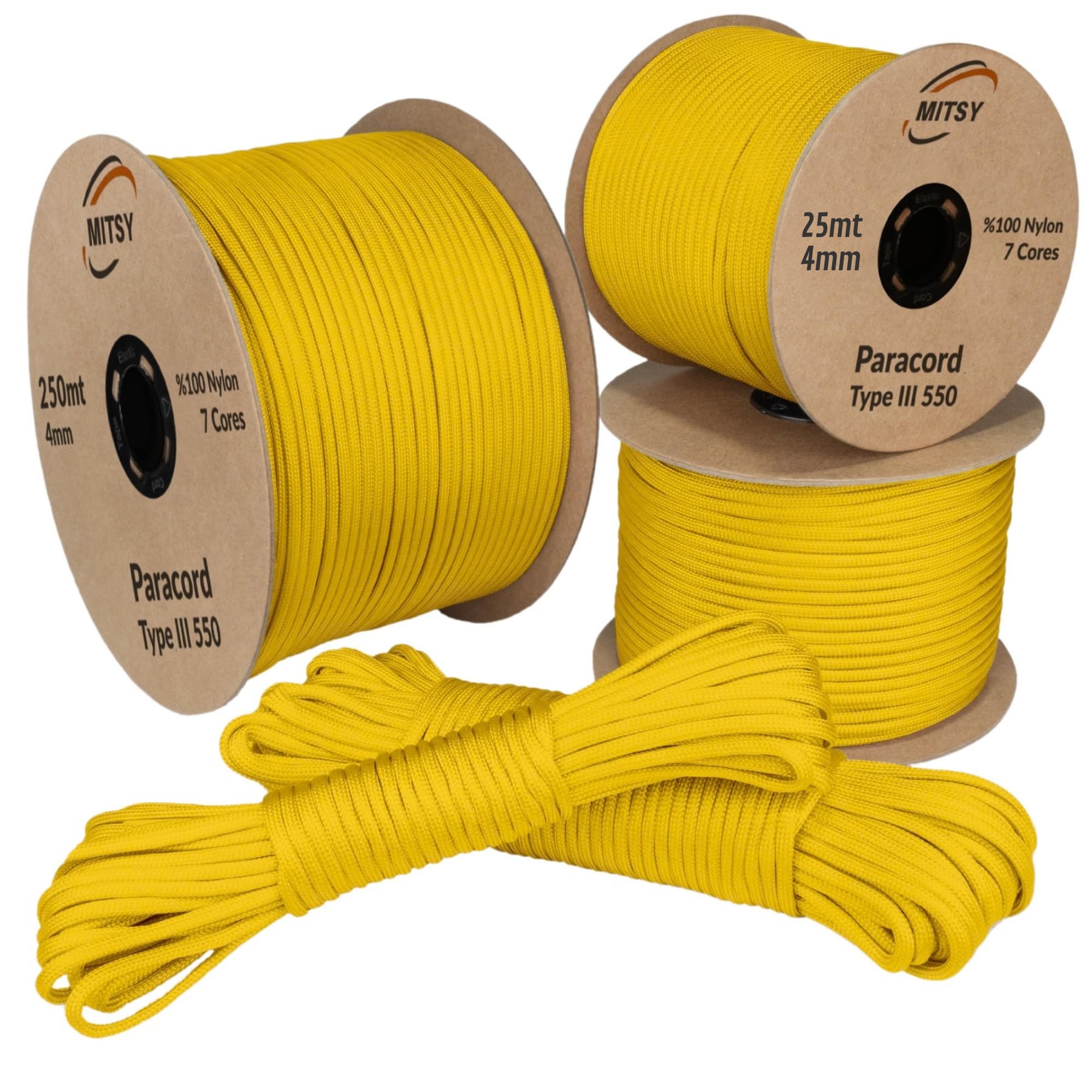 MITSY Paracord largo 4 mm 25 metri giallo sopravvivenza paracadute corda attrezzatura outdoor campeggio
