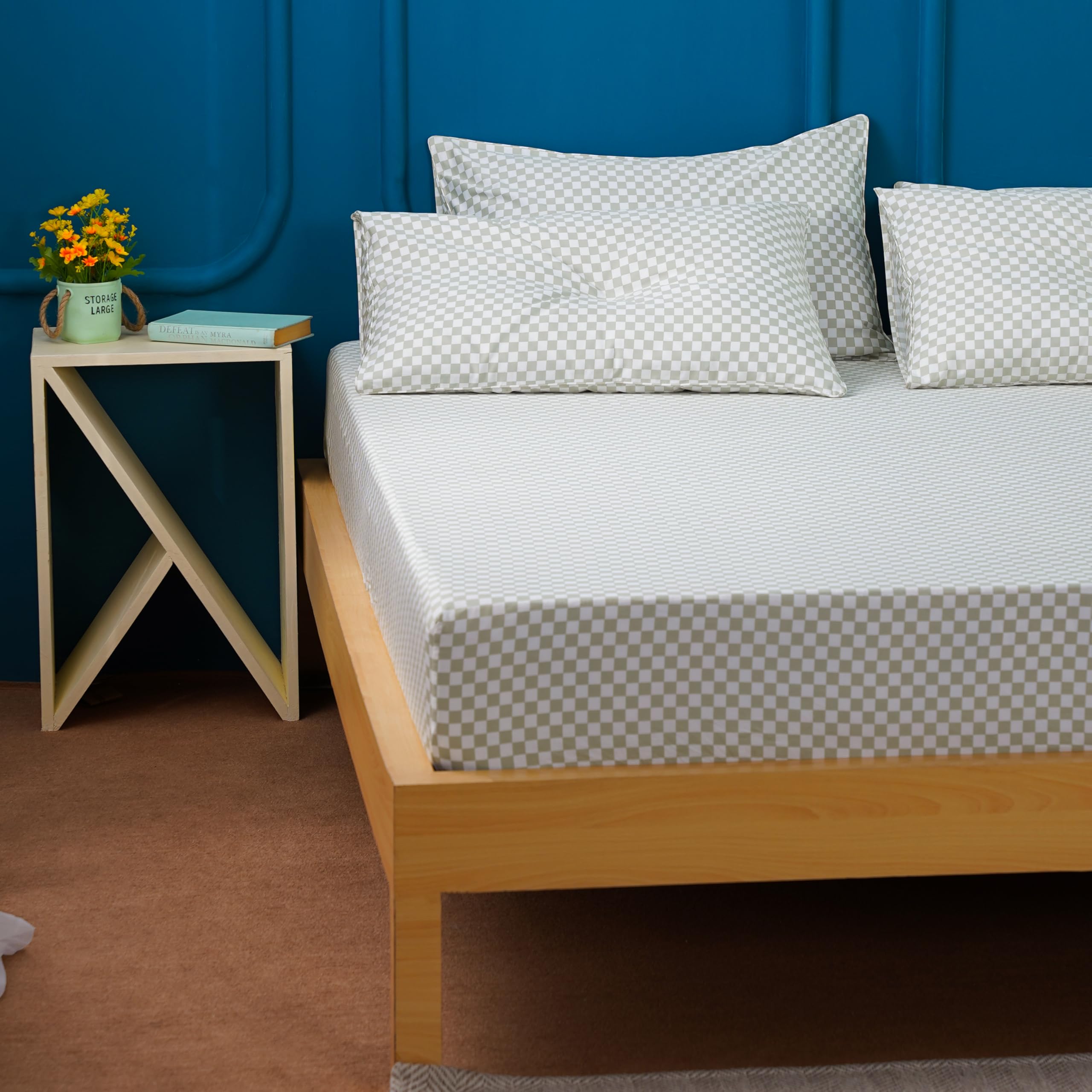 Sheet Story Sage Checkerboard Bamboo King Size Fitted Sheets - 41Cm Deep Pockets - 400 Thread Count - Hypoallergenic, Soft And Cooling Fitted Sheets King Size - Checkered