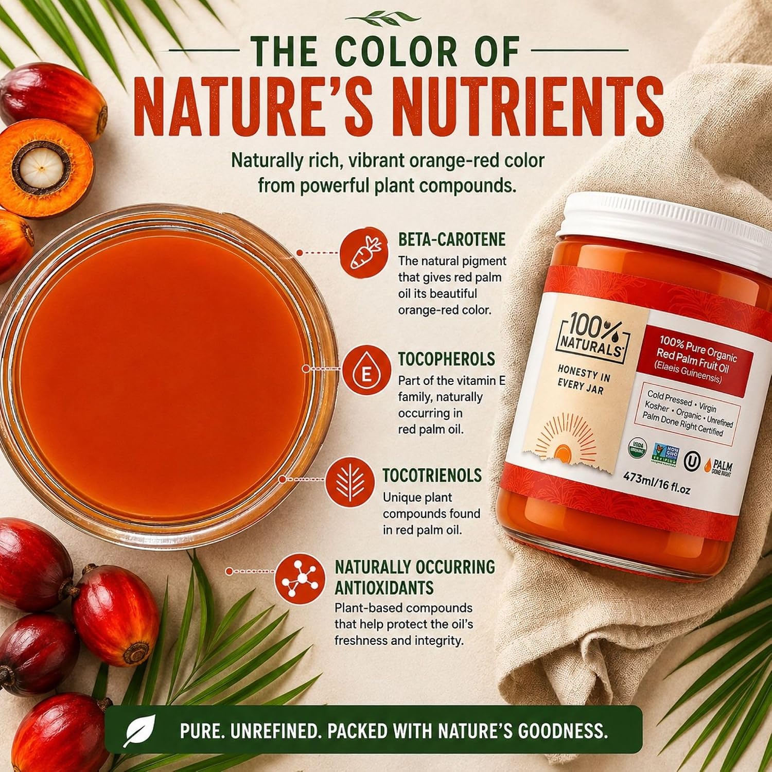 100% Naturals, Pure Organic Red Palm Fruit Oil (16oz) - Premium Cold-Pressed And Unrefined, USDA Organic, Kosher And PALM DONE RIGHT Certified, Sustainably & Responsibly Sourced, Comes In A Premium Reusable Glass Jar