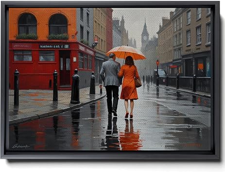 London Big Ben, Romantic Lovers Red Umbrella Full Moon Autumn Maple, Lovers Canvas Wall Art, Couple Kissing in Rain with Red Umbrella Artwork for Bedroom, Art Print, Art Print
