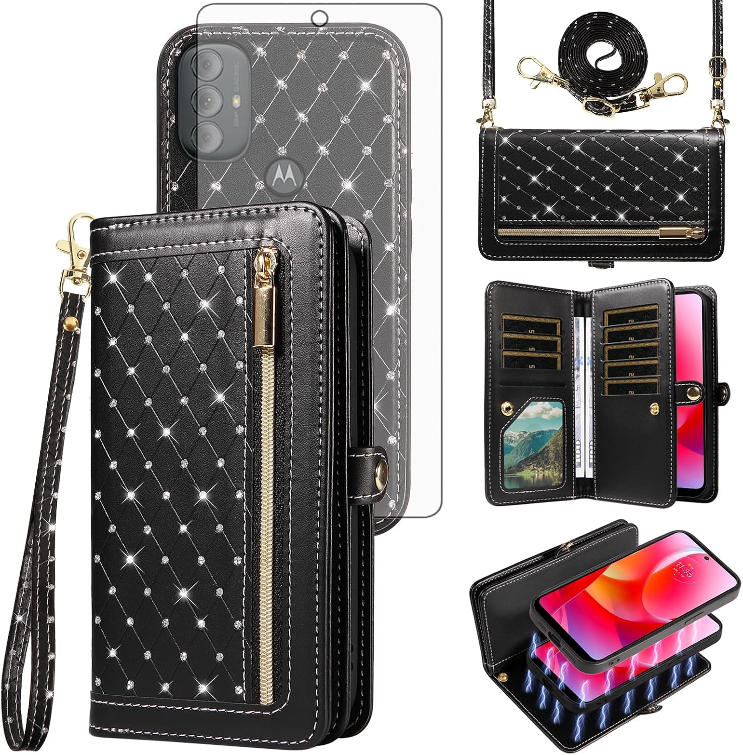 Phone Case for Motorola Moto G Power 2022/MotoG Play 2023/G Pure 2021 Zipper Wallet Cover with Screen Protector Crossbody Strap Bling Flip Credit Card Holder XT2271DL XT2165DL XT2163DL Women Black