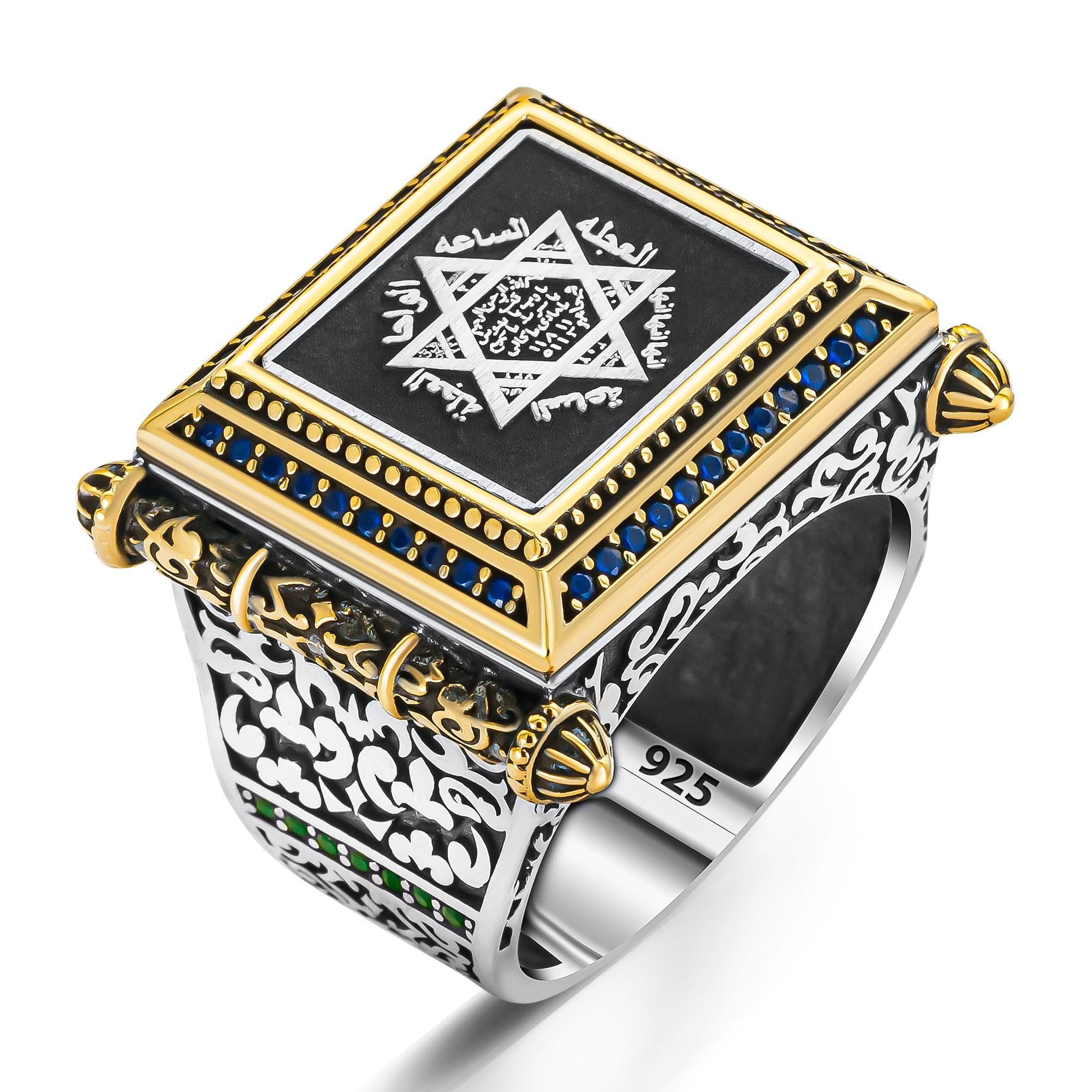 Anillo de plata de ley 925 maciza con sello rectangular de Salomón para hombre con lados de piedra de circonita turca hecha a mano joyería de plata regalo para él