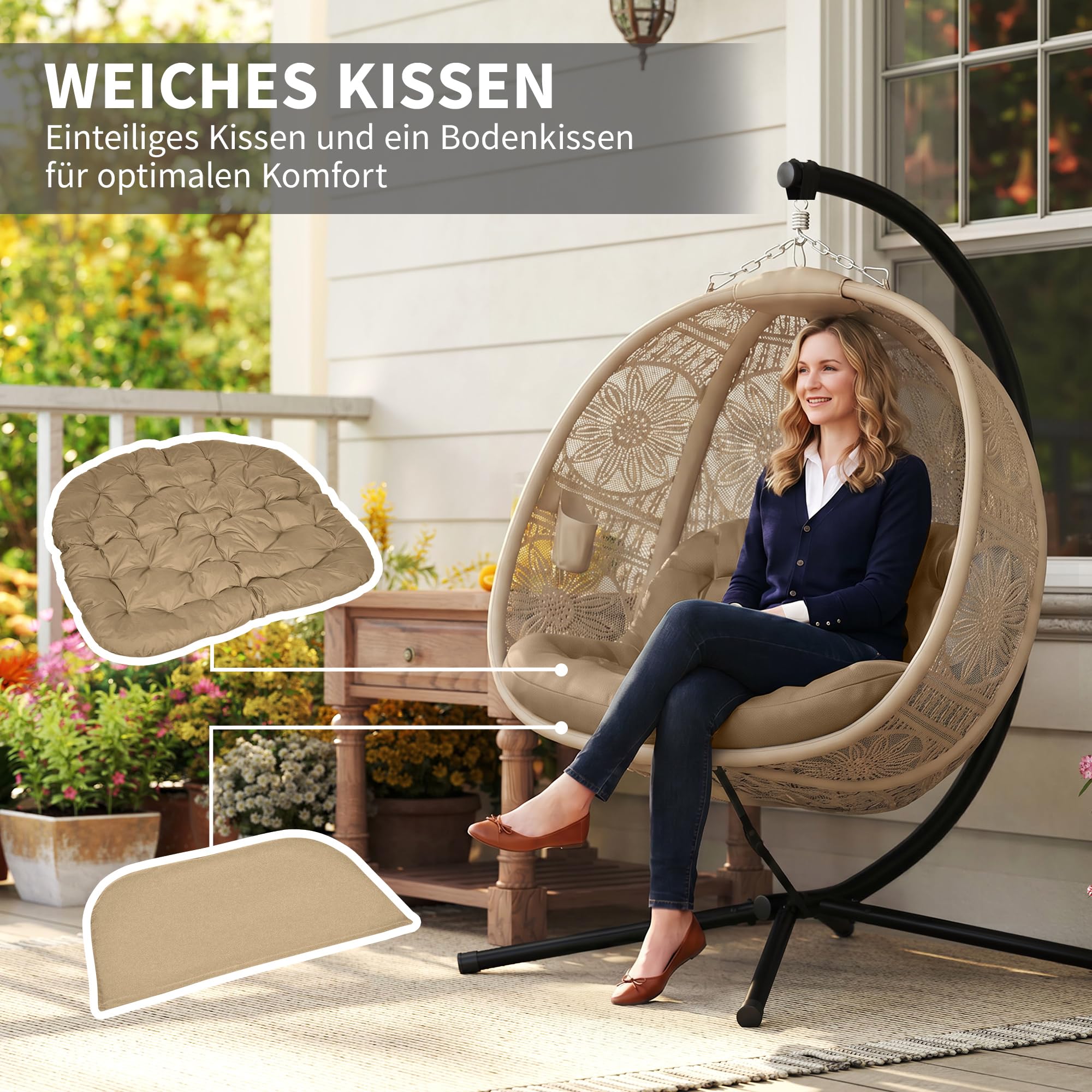 Outsunny Hängesessel, Hängeschaukel, Hängestuhl mit Sitzkissen, Klappbarem Sitzkorb, für Indoor, Outdoor, bis 120 kg Belastbar, Polyester, Sand