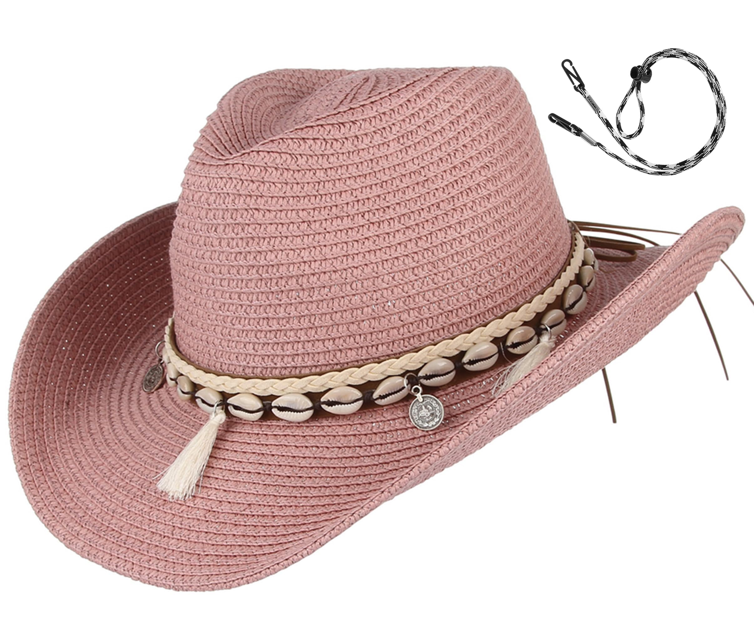 GEMVIE Women's Summer Straw Cowboy Cowgirl Hat Sun Hats Wide Brim Beach Holiday Straw Hat with Shell Band Pink