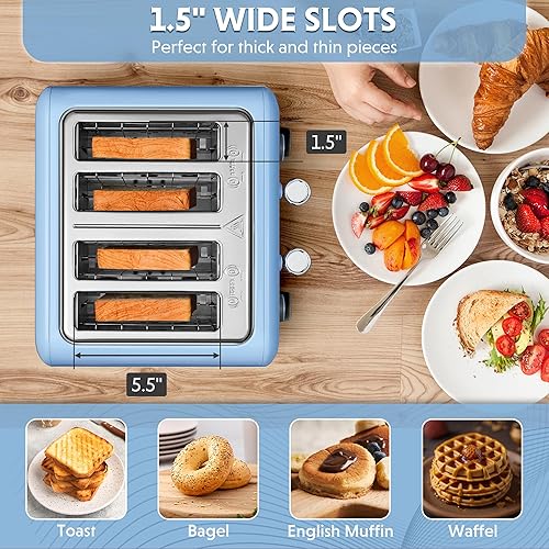 Miniatura 3 de BUYDEEM DT640 - Tostadora de 4 rebanadas, ranuras extra anchas, acero inoxidable retro con palanca de elevación alta, función de bagel y muffins,