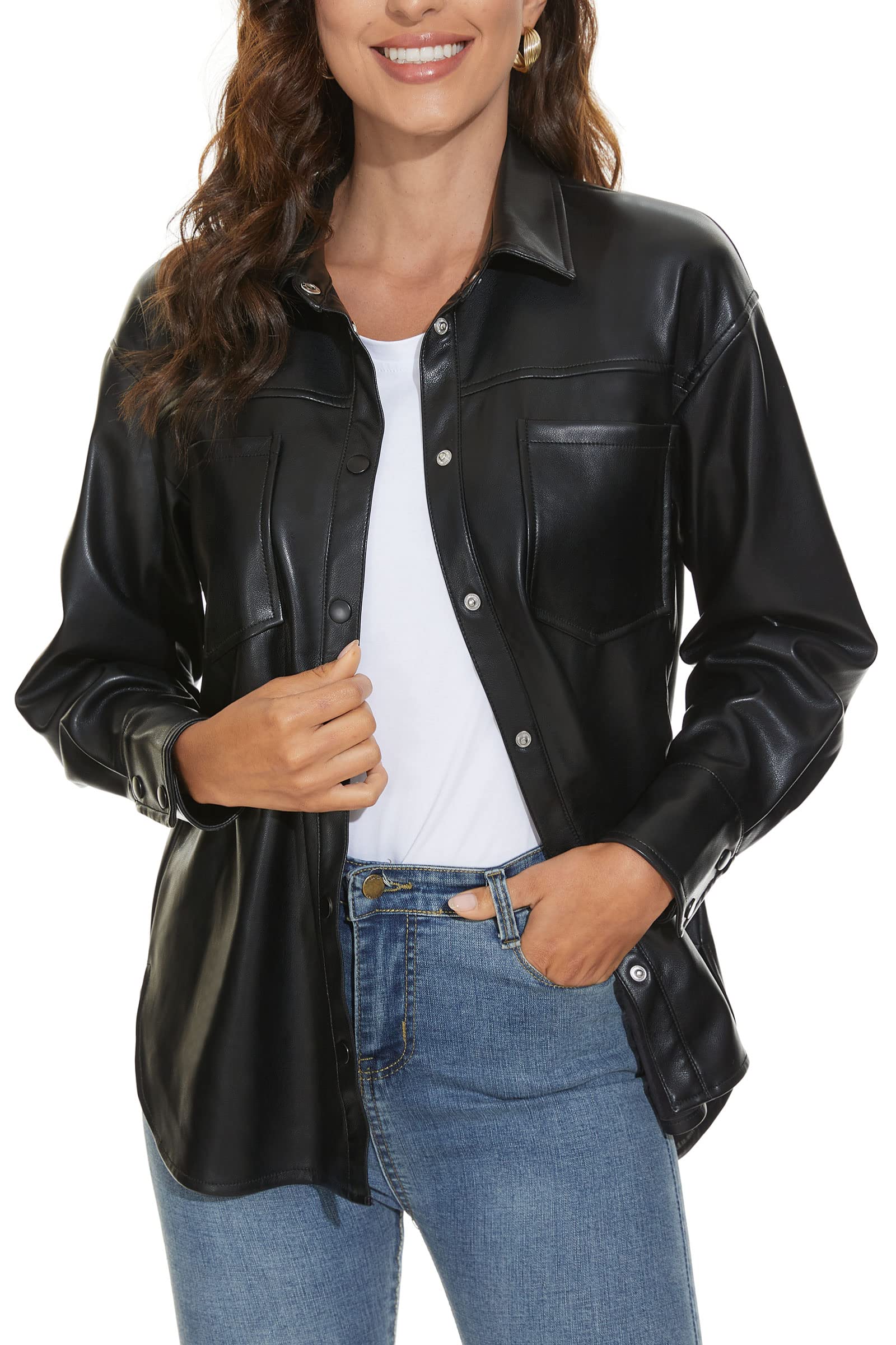 fahsyee Women Faux Leather Shacket Moto Biker Shirts Loose Fit Blazer Long Sleeves Button Casual Jacket Plus Size S-XXL, Black, Large-picture-45