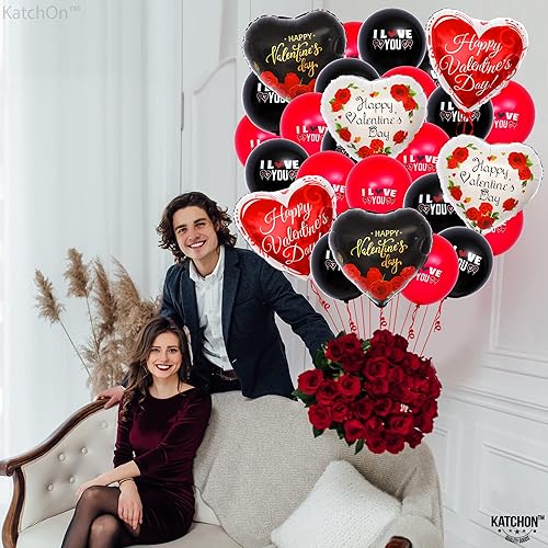 Miniatura 6 de KatchOn, Globos de feliz día de San Valentín, grandes, paquete de 26 | Globos en forma de corazón negro y rojo para decoraciones del día de San