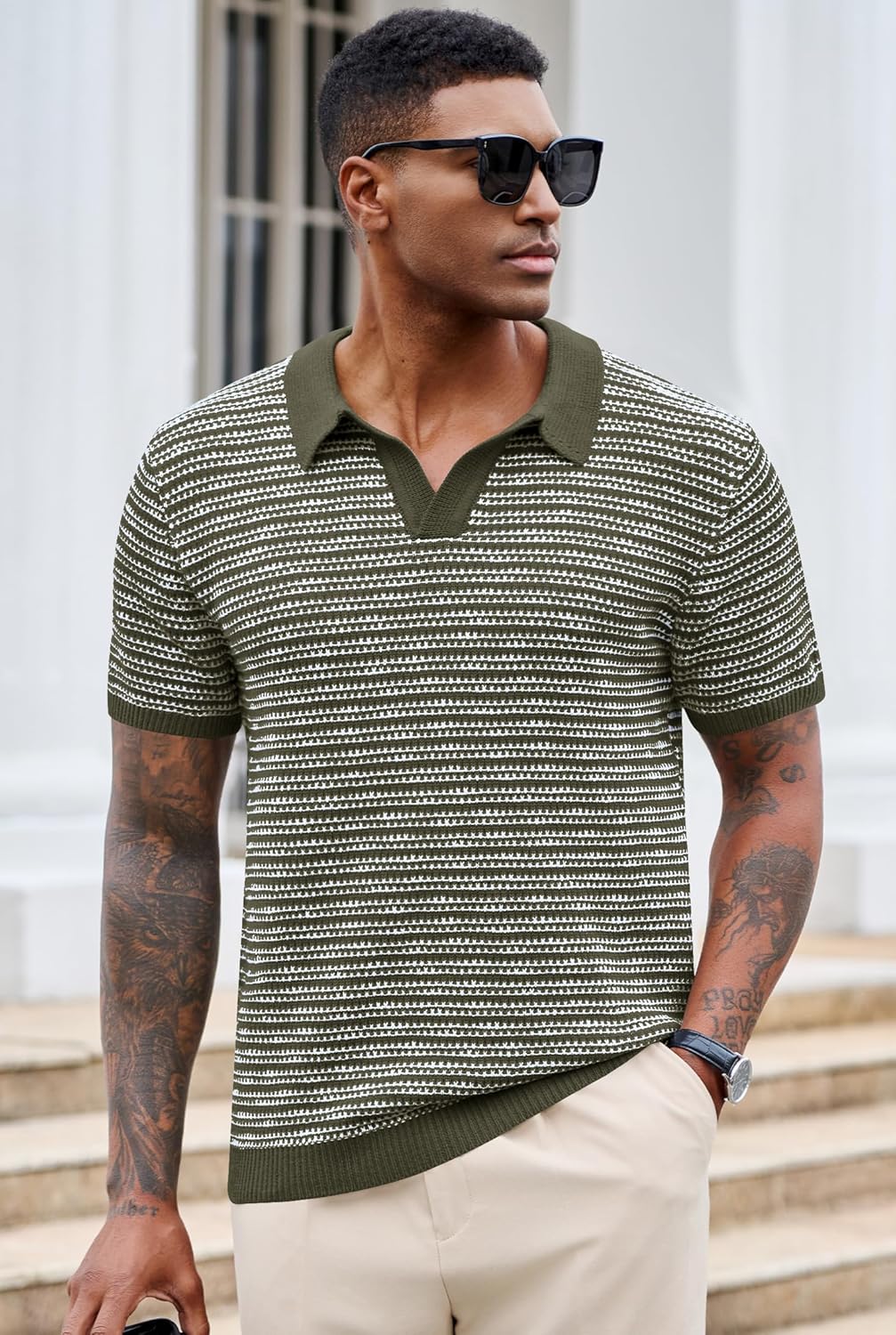 Men V Neck Polo Knit Striped Heavyweight Casual Poloshirts Summer Short Sleeve Shirt (S-XXL) - Image 7
