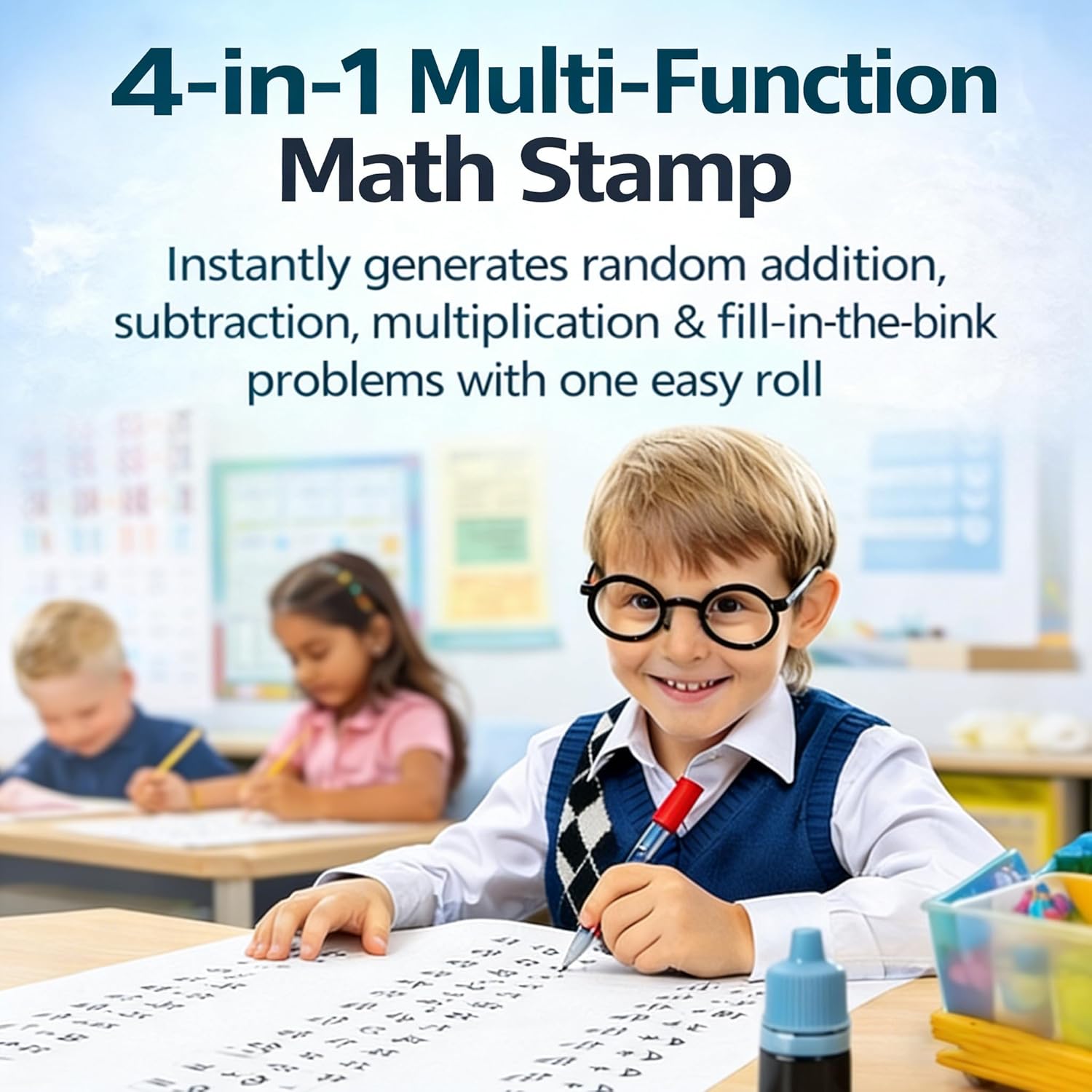 Math Stamp Roller 4 in 1, Random Math Problems Stamp with Addition Subtraction Multiplication Division, Educational Math Roller for Kids Classroom Home Use (Blue+Pink)