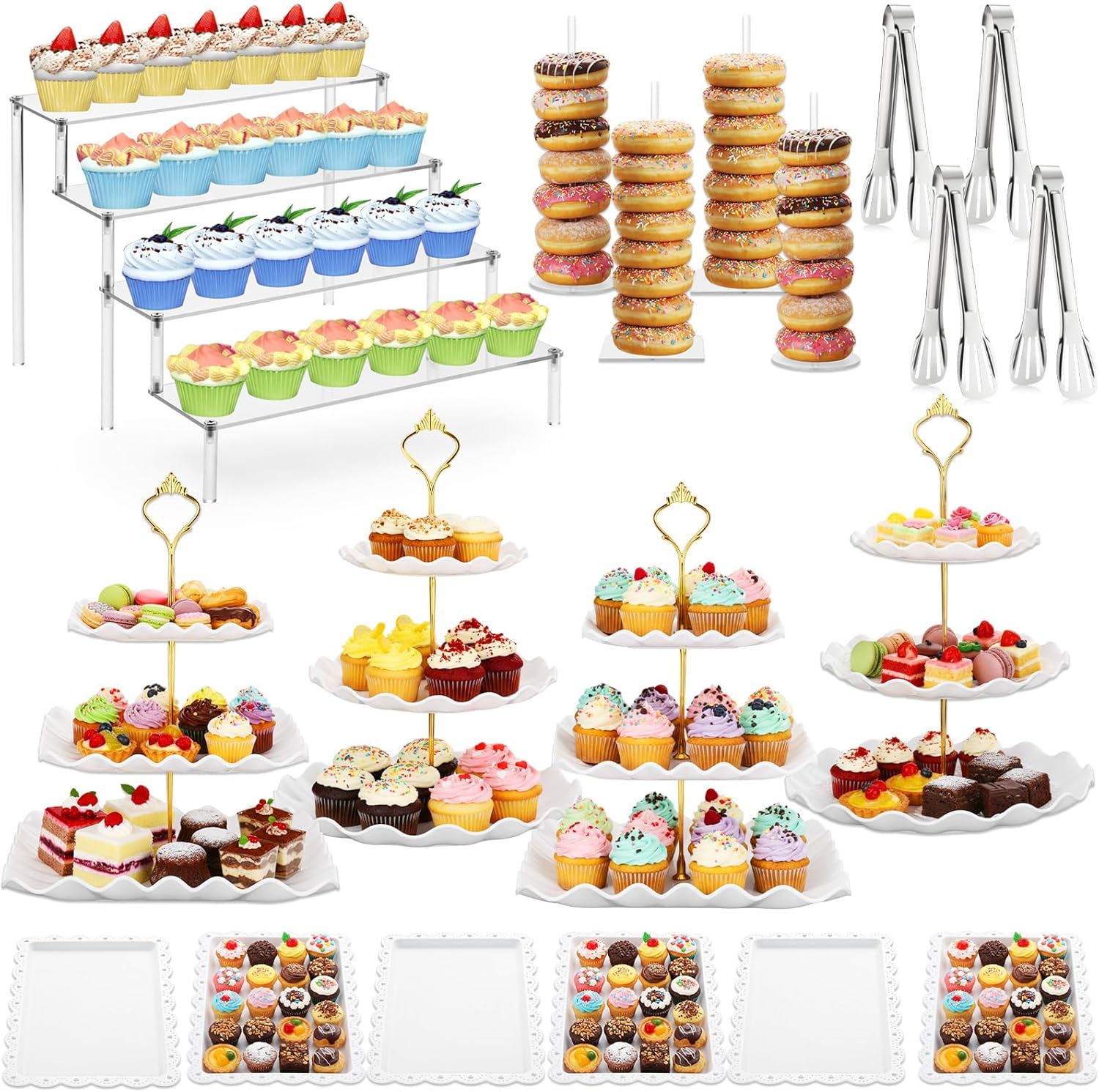 LemonRoad 19 Pcs Cupcake Stand Holder, Dessert Table Display Set, Tiered Cupcake Holders Cake Serving Tray and Cake Clips for Tea Party Wedding Baby Shower Decorations(White and Gold)