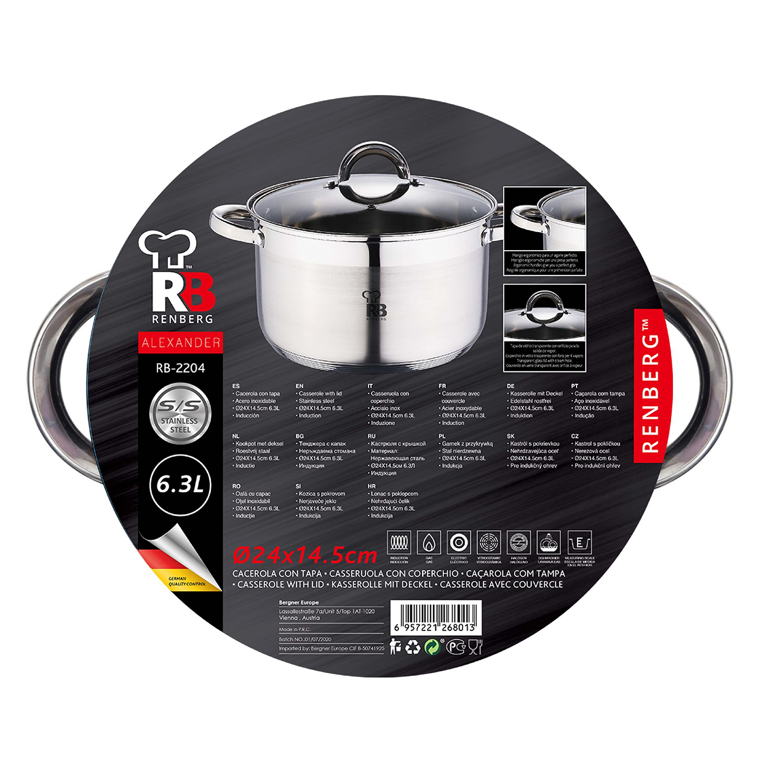 RENBERG Alexander | Cacerola de Cocina | Cacerola de 24 x 14.5 cm y 6,3 Litros con Tapa de Cristal | Acero Inoxidable | Menaje de Cocina | Fondo Encapsulado de 5 Capas | Todo Tipo de Cocinas