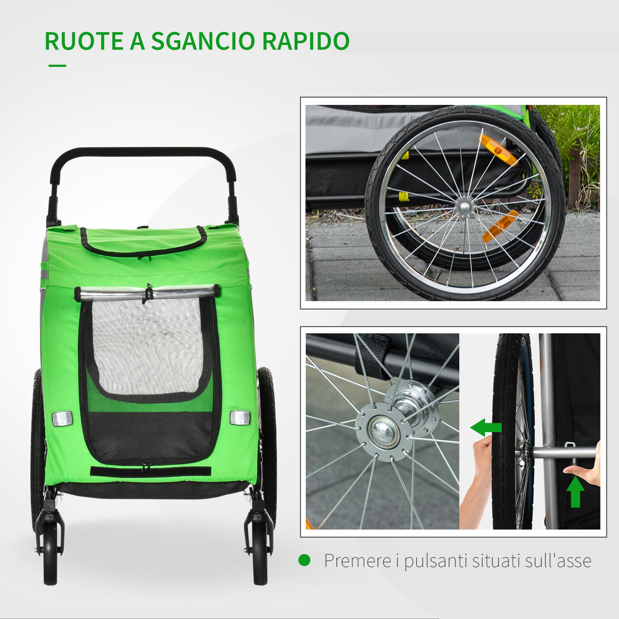 PawHut Rimorchio Bici e Passeggino per Cani 2 in 1, Carrello Bici in Acciaio e Tessuto Oxford con Catarifrangenti e Bandierina