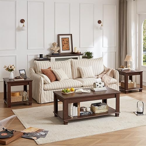 Miniatura 9 de Juego de 2 mesas auxiliares de granja con estante de almacenamiento de 2 niveles, mesas auxiliares color marrón rústico para sala de estar, mesa de