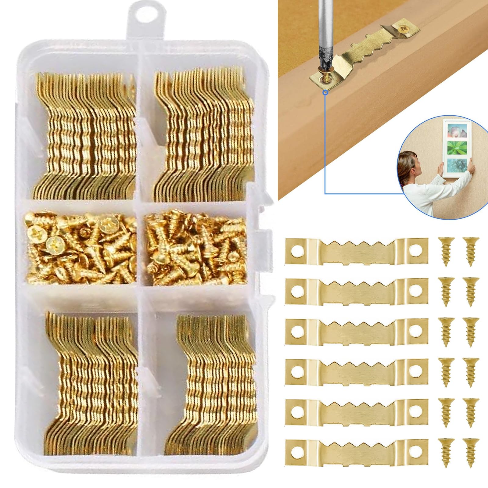 60 stuks fotohaken om te schroeven, zaagtanden, fotohangers, ophanghaken, schilderijophangset, canvas met schroeven, voor het ophangen van fotolijsten, canvaskunstwerken