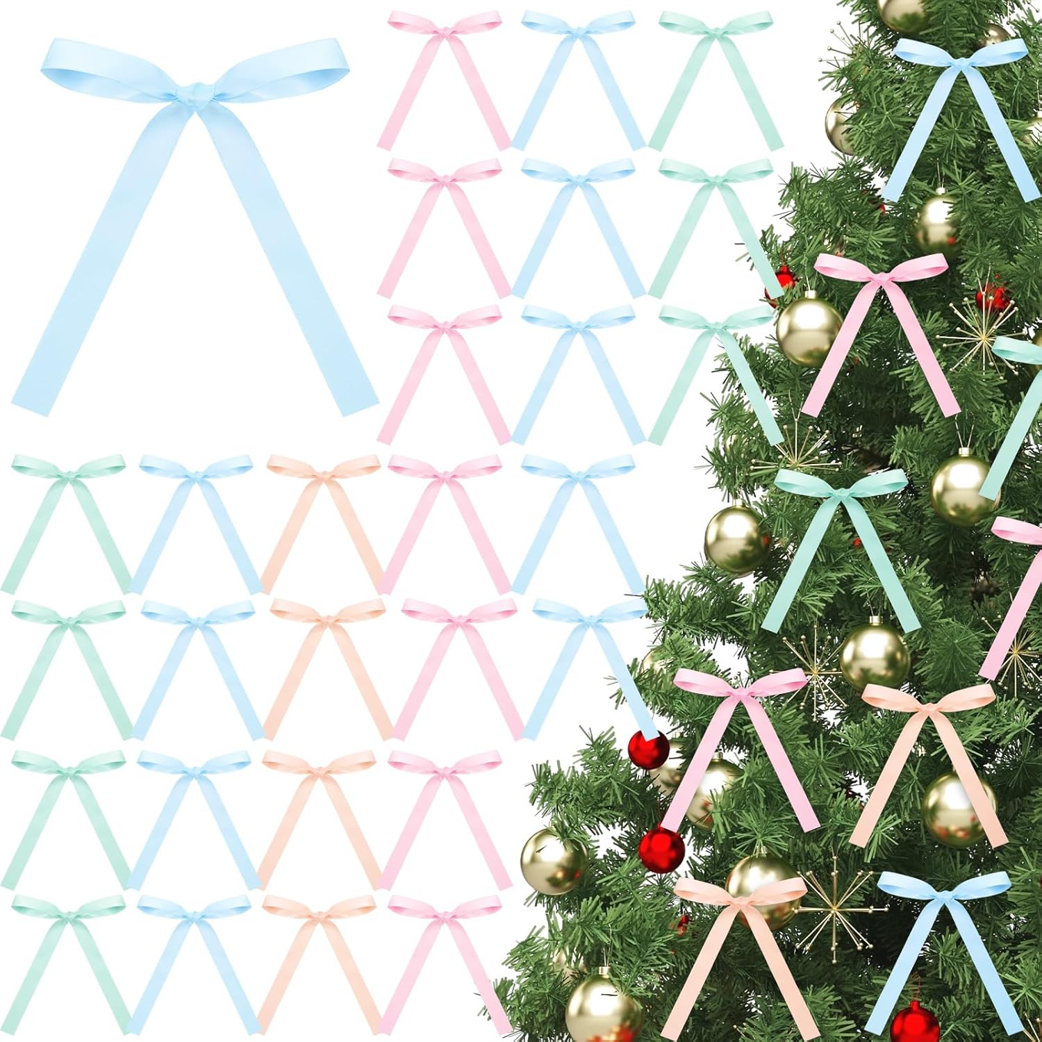 Zeyune 36 Pcs Pastel Bows for Christmas Tree Christmas Pre-Tied Stain Ribbon Bows for Tree Ornaments Macarons Xmas Decor for Wreaths Garland Gift Wrapping