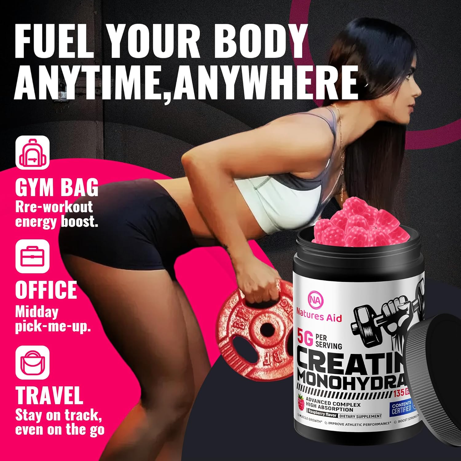 Natures Aid NSF Certified Creatine Gummy 5g - Creatine Monohydrate Gummies – Pre-Workout Energy & Muscle Growth Support for Men & Women | Raspberry Electrolyte Gummies (135 Count) - Image 7