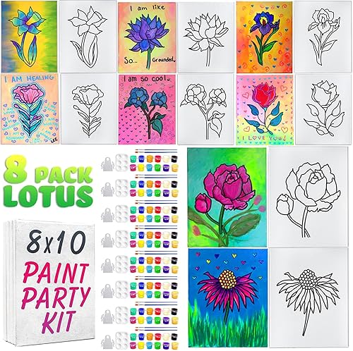 Paquete de 8 lienzos de pintura de flor de loto, lienzo de algodón estirado previamente dibujado, regalo de cumpleaños, sorbo para adultos y terapia