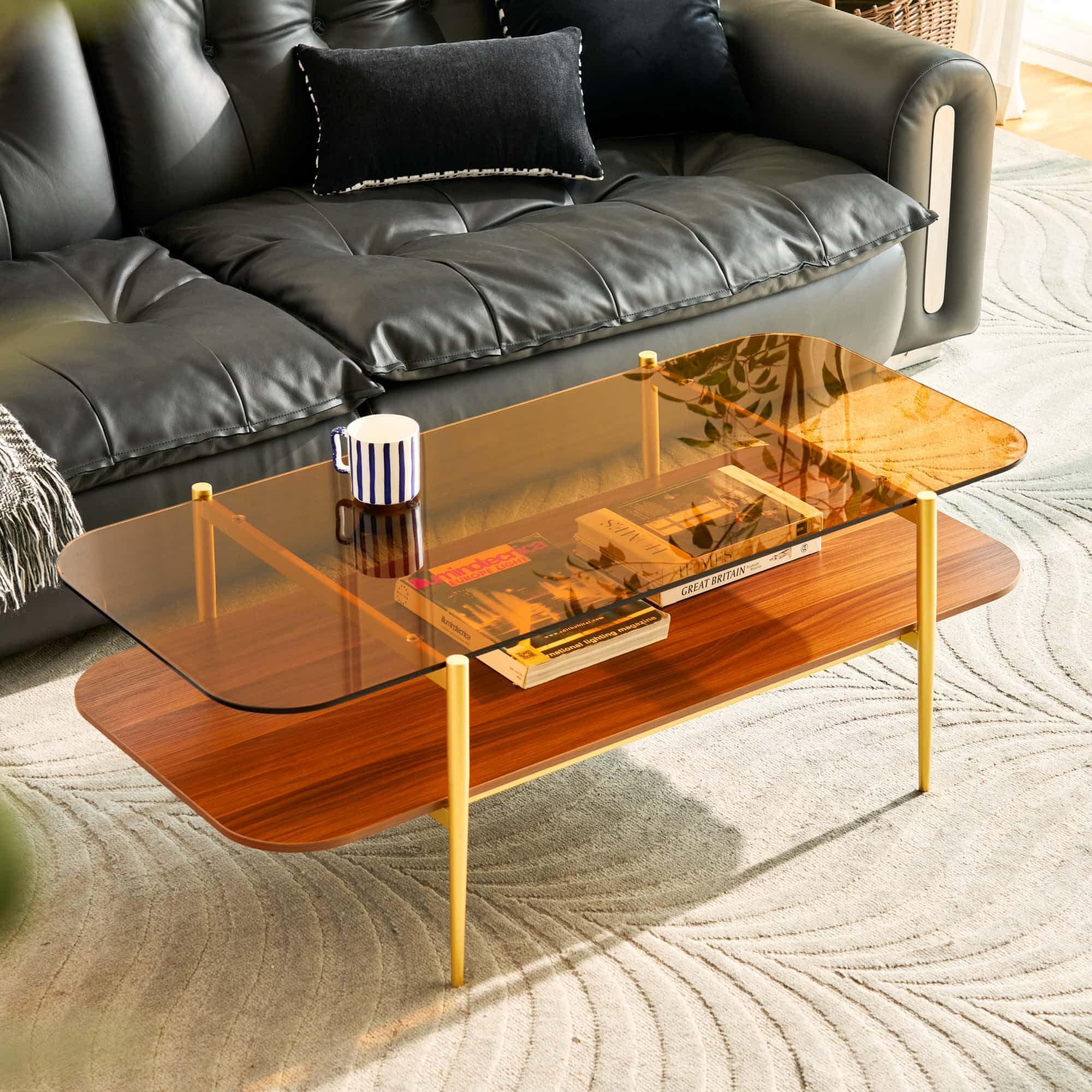 Photo 1 of AGV LIGHTING Tadio Large Glass Coffee Table, Mid-Century Modern Coffee Table for Living Room, Gold Finish Leg, Coffee Brown Glass Top & Walnut Brown Shelf, 47 in Rrounded Corners