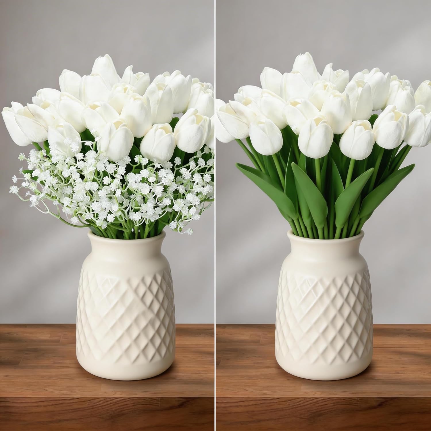 20PCS Tulip Artificial Flowers and 20PCS Babysbreath, PU Tulip Fake Flowers for Vase Bedroom Kitchen Decor Home Party Table Wedding Decor DIY Floral Decoration White