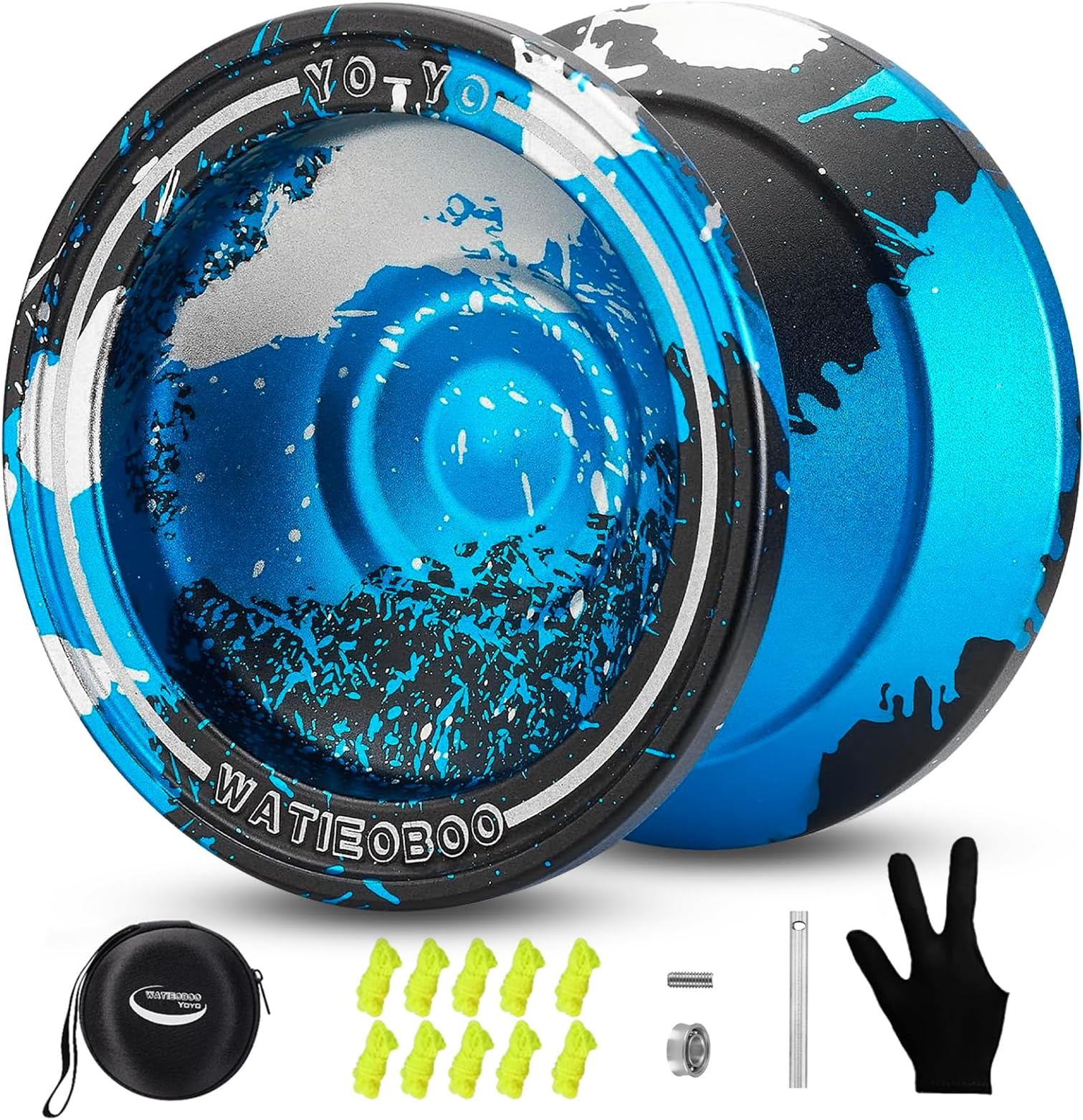 WATIEOBOO M18 Responsive & Unresponsive Yoyo - Kids 8-12 & Adults Pro Metal Trick Yoyo with Bearing Kit, 10 Strings, Case & Gloves (Blue, Silver, Black)