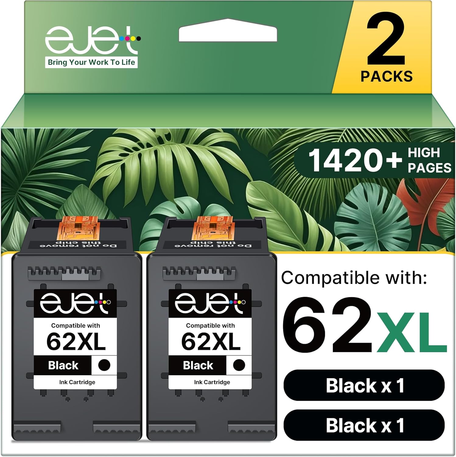 62XL Ink Cartridges Black for HP Ink 62 for HP 62 Black Ink Cartridges High Yield Works with HP Envy 5540 5544 5545 5642 5660 5664 7640 7645 OfficeJet 200 250 258 5740 5745 Series | C2P05AN (2 Black)