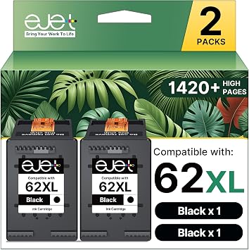62XL Ink Cartridges Black for HP Ink 62 for HP 62 Black Ink Cartridges High Yield Works with HP Envy 5540 5544 5545 5642 5660 5664 7640 7645 OfficeJet 200 250 258 5740 5745 Series | C2P05AN 2 Black