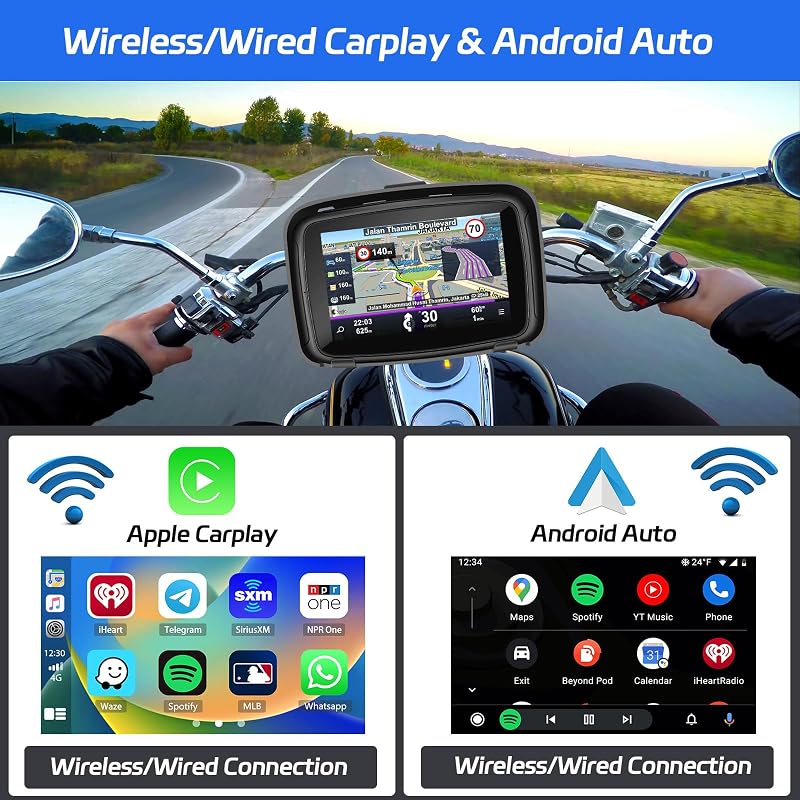 Hikity 5" Vízálló Motoros CarPlay Monitor - Kettős Bluetooth, Navigáció, Siri Támogatás, TF/USB Csatlakozás, Hordozható Autórádió Motorkerék