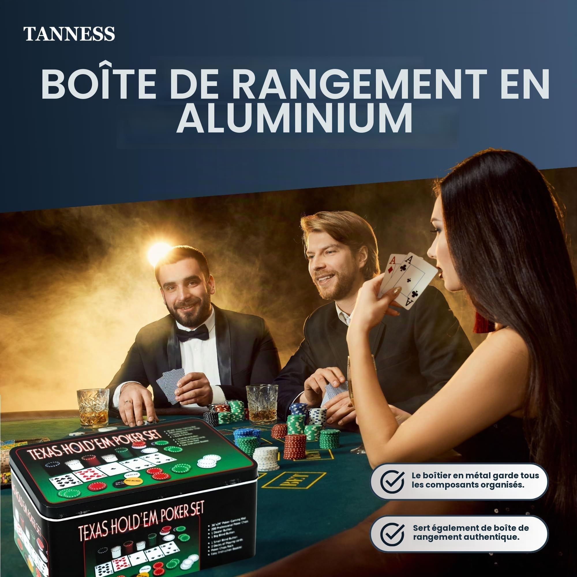Tanness Coffret Poker 200 Jetons de Poker avec Tapis de Jeu de Poker et Boîte Métal - Set Casino Texas Hold’em et Blackjack - Jeu de Poker avec Jetons Poker, Cartes à Jouer et Accessoires