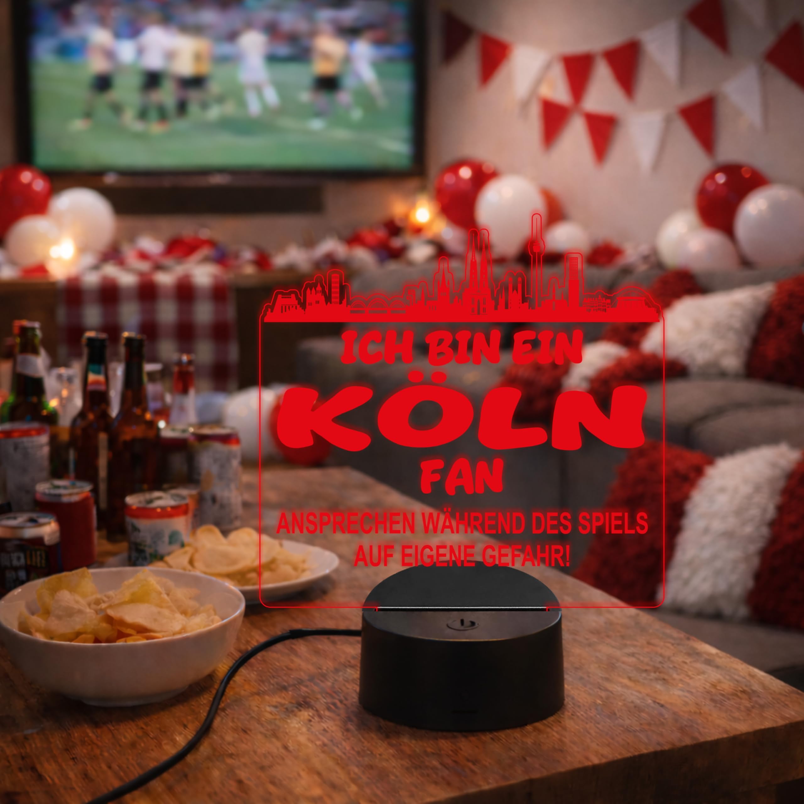 Lieblingsmensch Köln Fan Fußball LED Nachtlicht – 3D Skyline Design „Ansprechen auf eigene Gefahr“ – RGB Farbwechsel mit Fernbedienung & Touch – Stimmungslicht für die Man Cave – 19x23cm