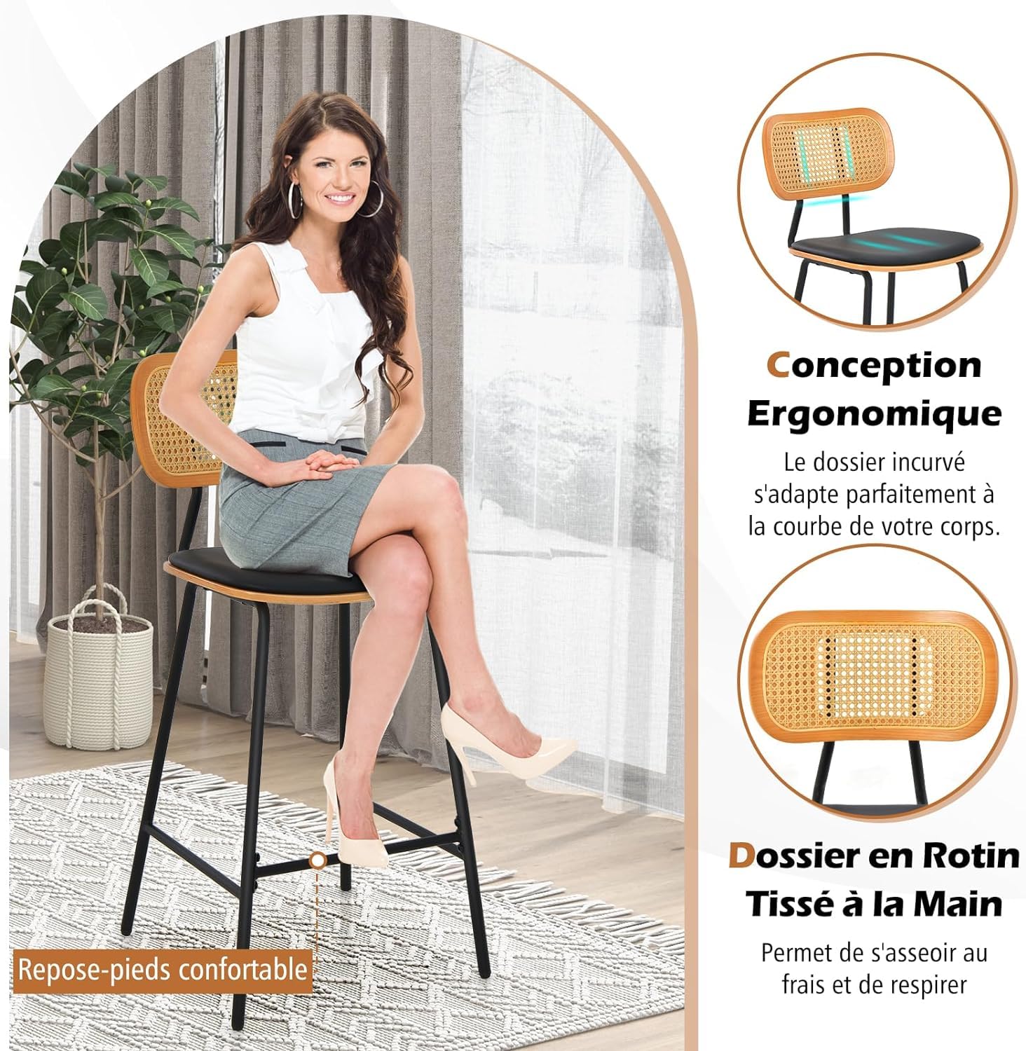 RELAX4LIFE Lot de 2 Tabourets de Bar en Rotin, Chaise Haute Bar Cuisine Bohème avec Cadre Métallique, Chaise Cannage avec Repose-Pieds, Assise 65,5 CM, Charge 140 KG pour Café Salon Bistro
