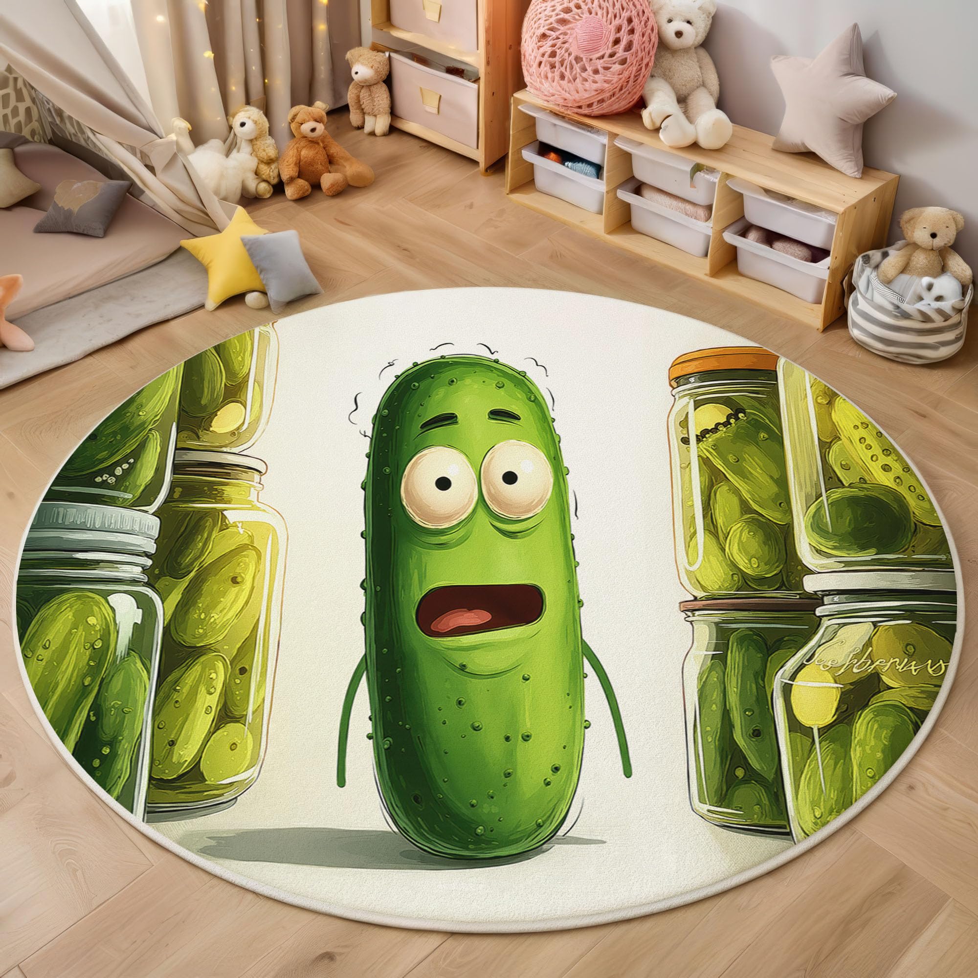 Tapis rond vert salon chambre concombres en bocal lavable antidérapant tapis enfants doux