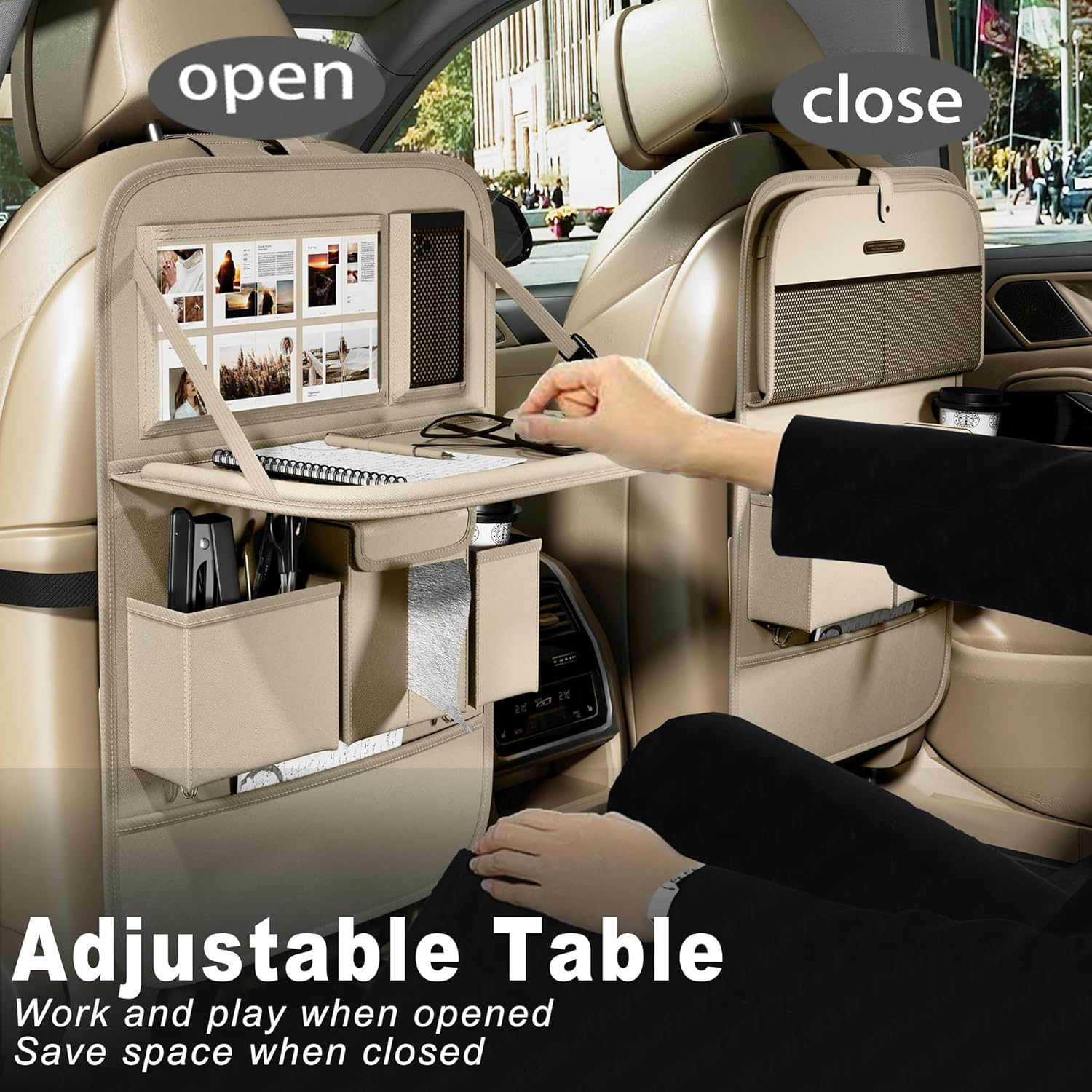 XDV Car Seat Organizers,Multi-functional Back Seat Protectors, Storage Pouches, and Tray Holders (for Cars, Kids, Seat Back and Rear Seats) (Plain Beige, 1 Pcs)