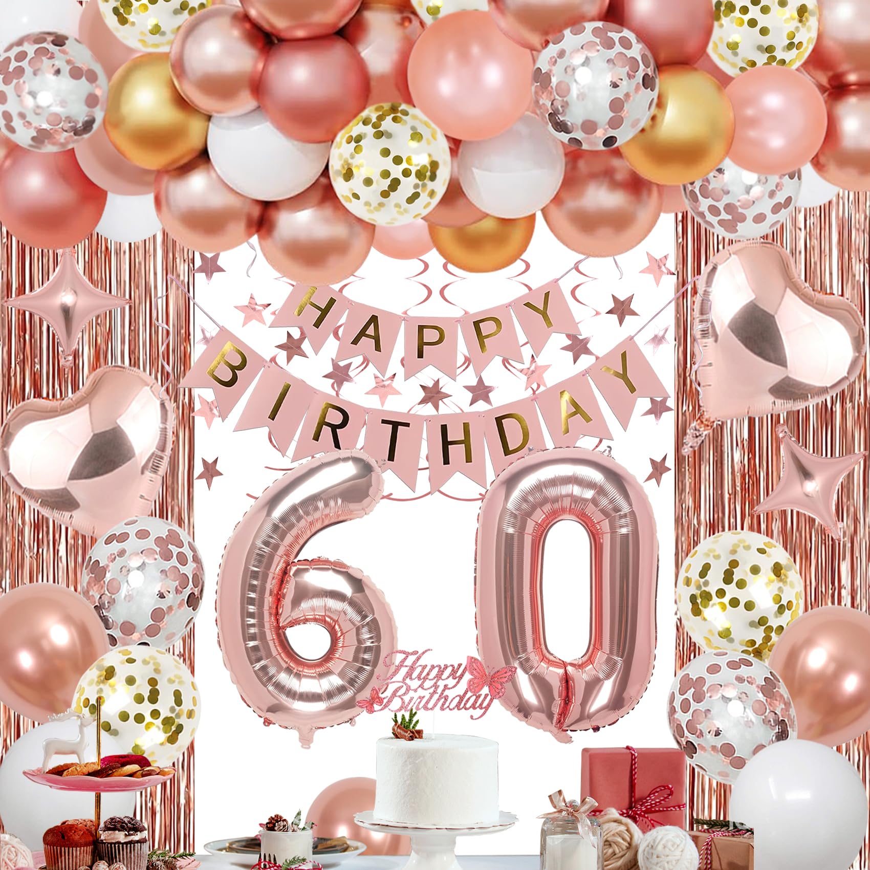 60th Rose Gold Birthday Party Decorations for Women, Rose Gold Happy Birthday Banner, Fringe Curtains, Heart Foil Balloons, Confetti Balloons, Cake