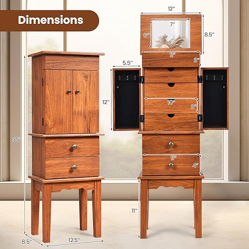 Miniatura 4 de LOKO Armario de joyería con espejo abatible, armario de almacenamiento de joyas de pie con 6 cajones y 6 ganchos, compartimentos superiores